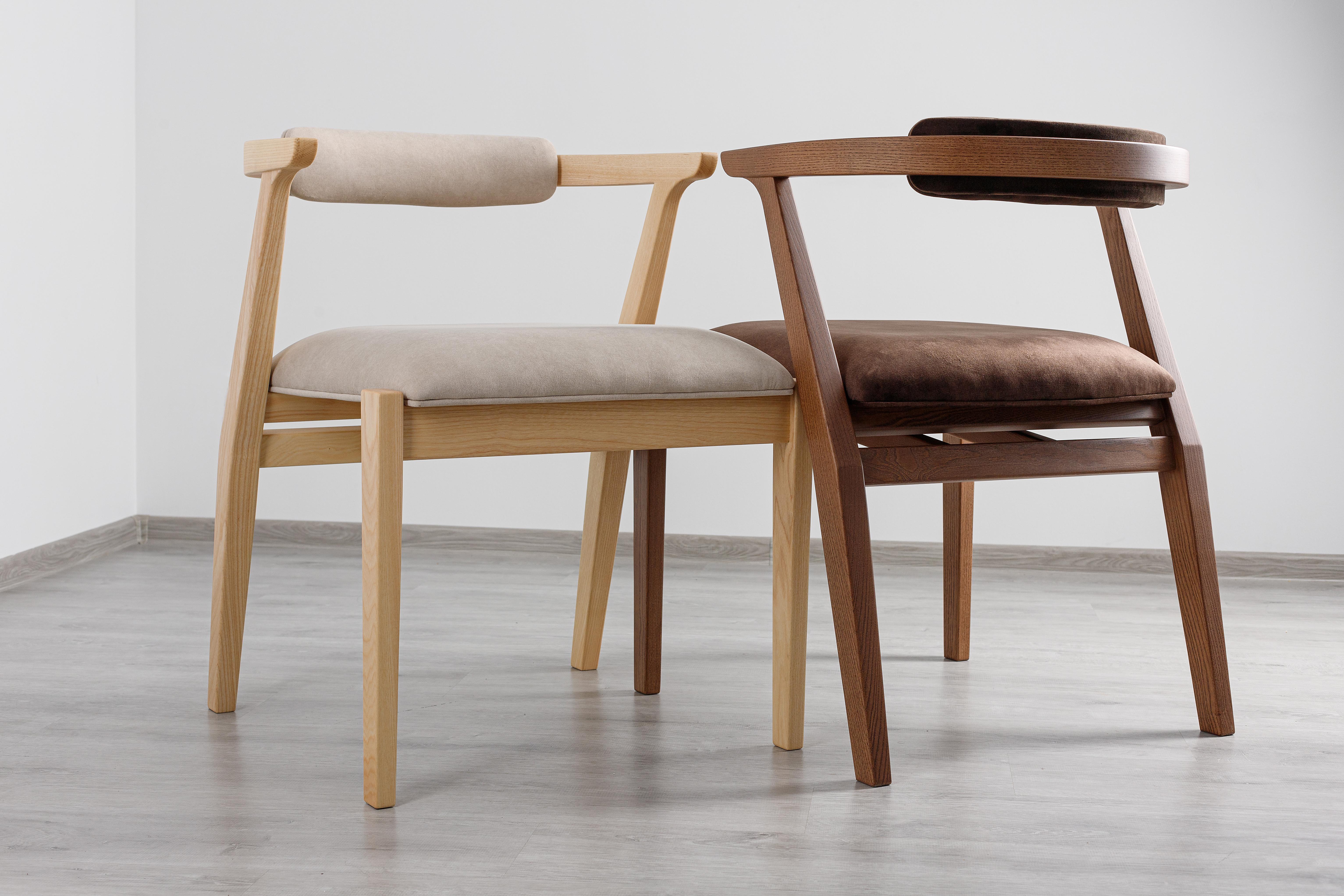 Modern Dining Room Chairs in Solid Wood and Brown Material For Sale 3