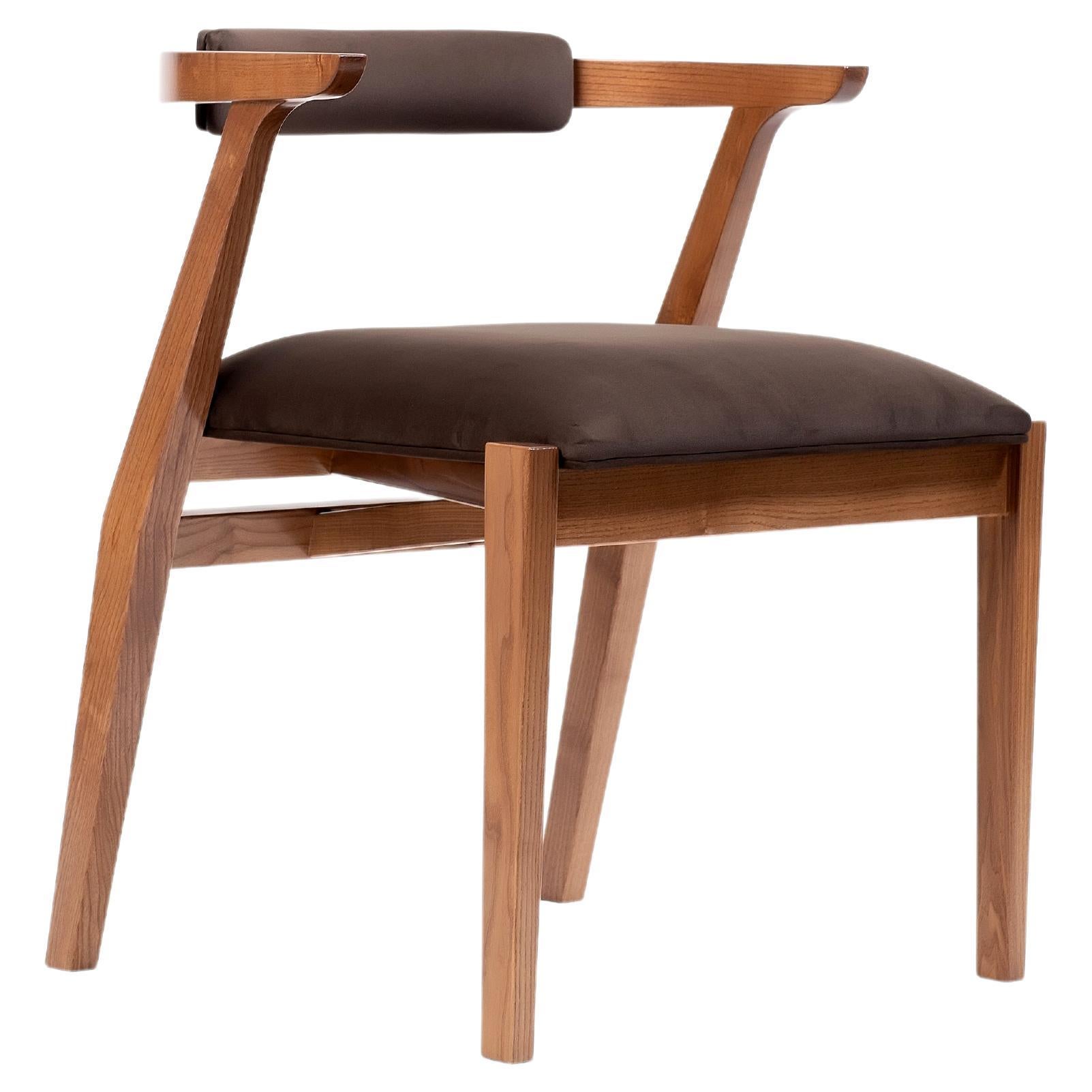 Modern Dining Room Chairs in Solid Wood and Brown Material For Sale