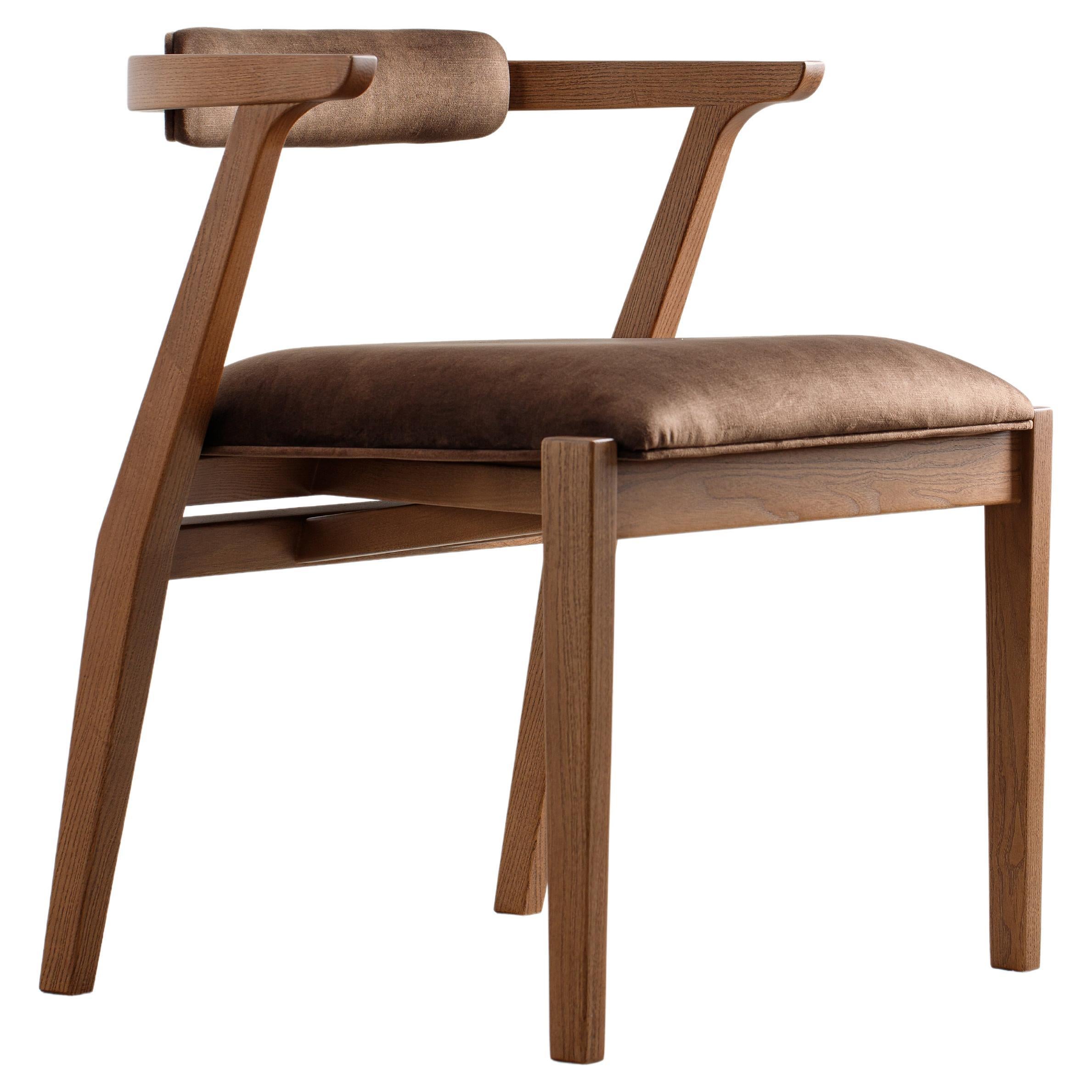 Modern Dining Room Chairs in Solid Wood and Brown Material For Sale