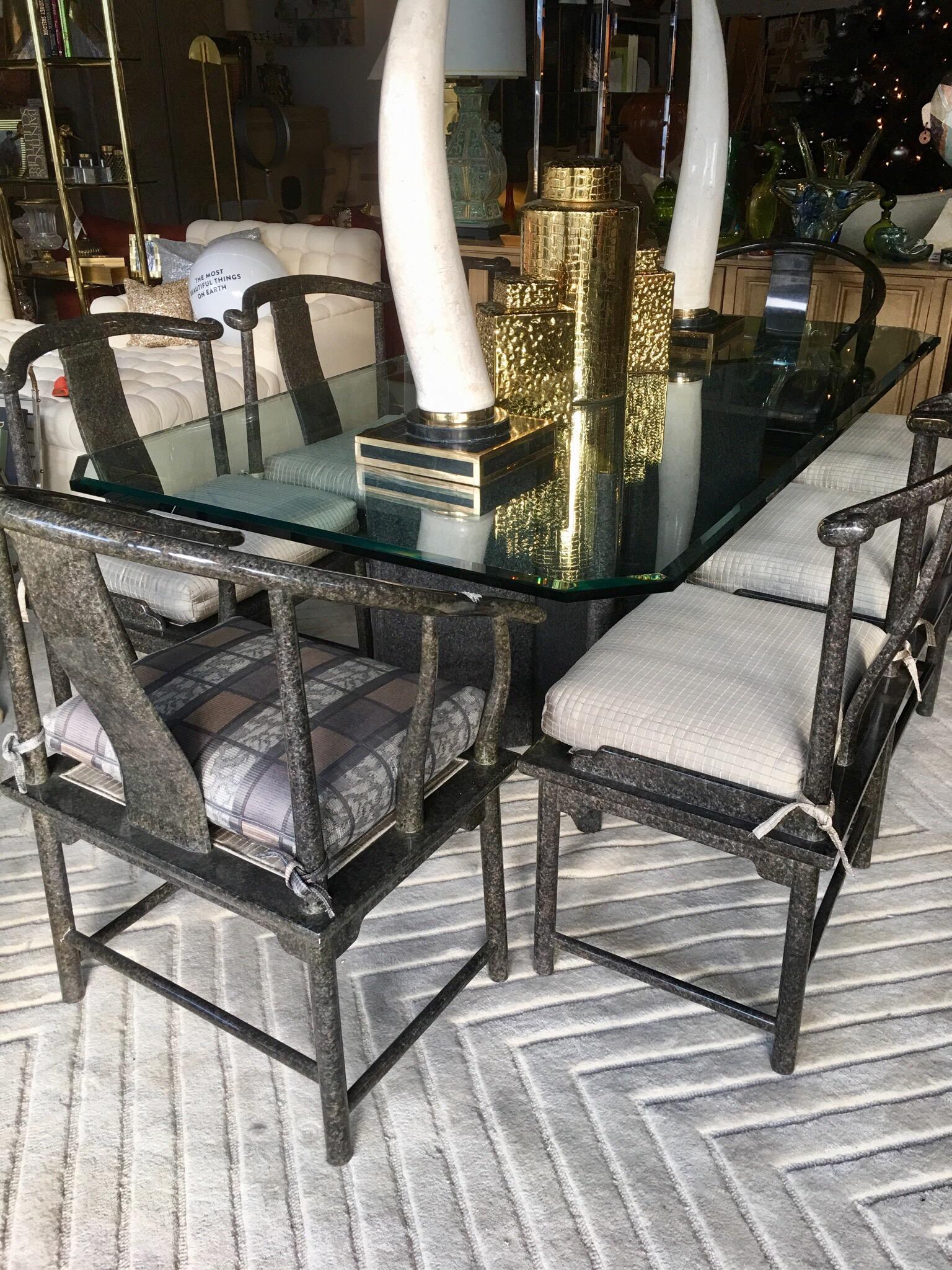 This amazing custom made set made by Marge Carson for a very upscale Rancho Mirage estate. Included are a rectangular thick, beveled glass table top with a pair of grey tortoise finish bases with bronze trim. Set of 6 armless modern Ming style