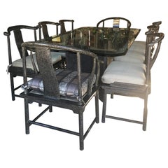 Modern Dining Room Set for 8 by Marge Carson in Tortoise Lacquer, Glass & Bronze