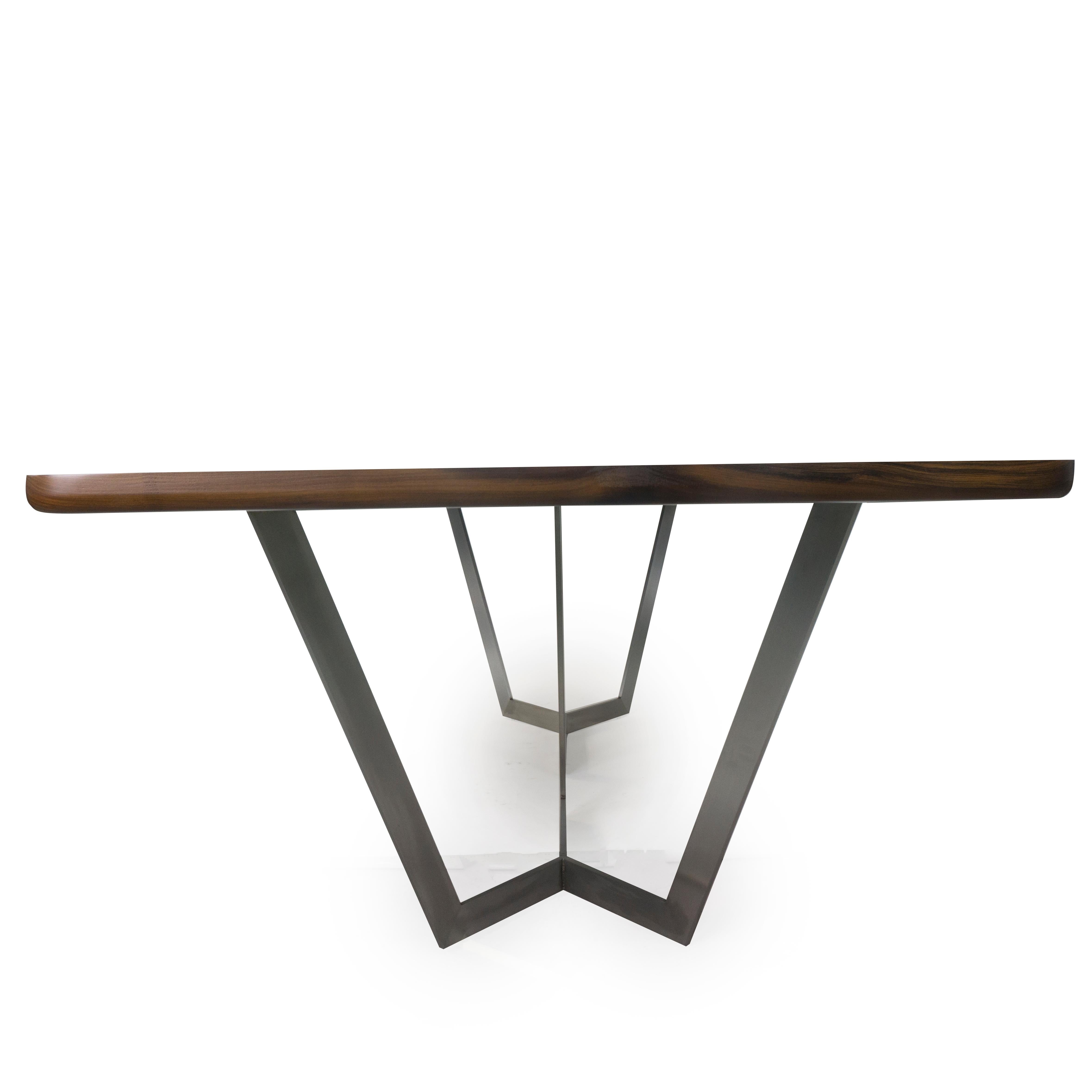 Modern Dining Room Table with Wooden Top and Stainless Finished Legs For Sale 1