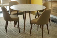 Modern Dining Set White Marble Table and Beige Fabric Chairs with Walnut Base