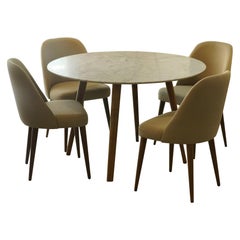 Modern Dining Set White Marble Table and Beige Fabric Chairs with Walnut Base