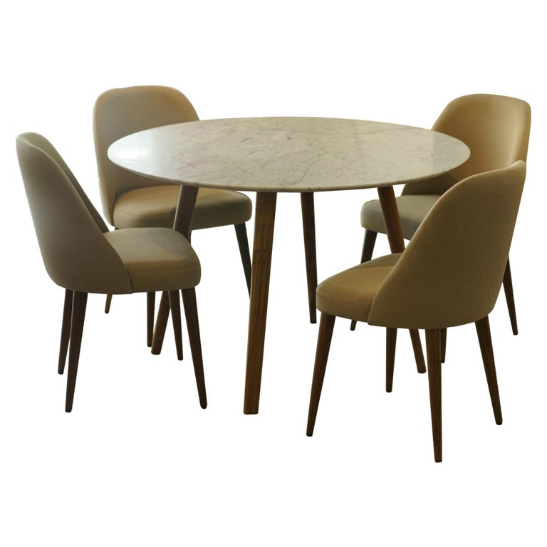 Modern Dining Set White Marble Table and Beige Fabric Chairs with Walnut Base For Sale