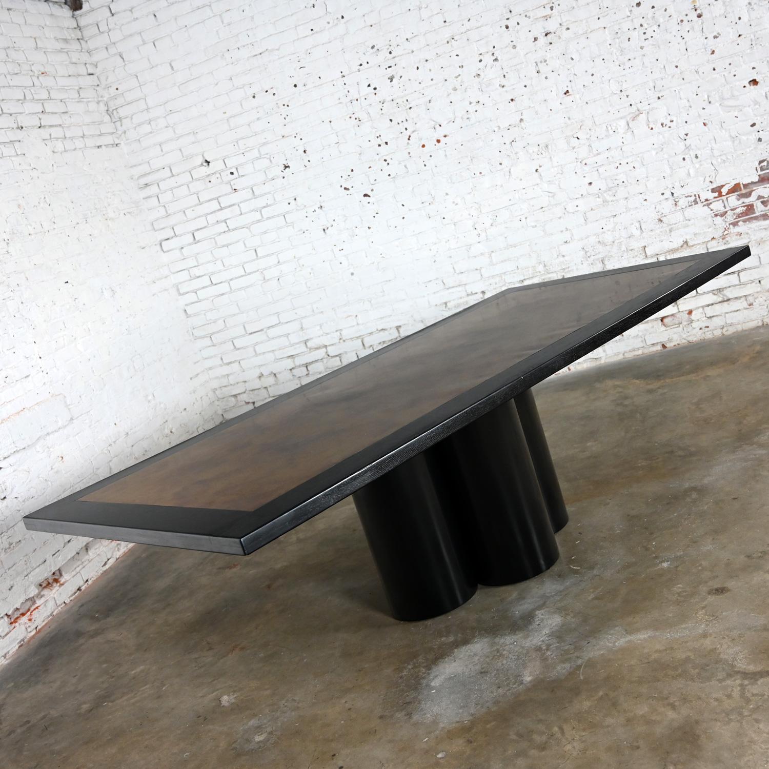 Modern Dining Table Black Painted Metal Cylinder Pedestal Base & Brass Top Inset For Sale 6