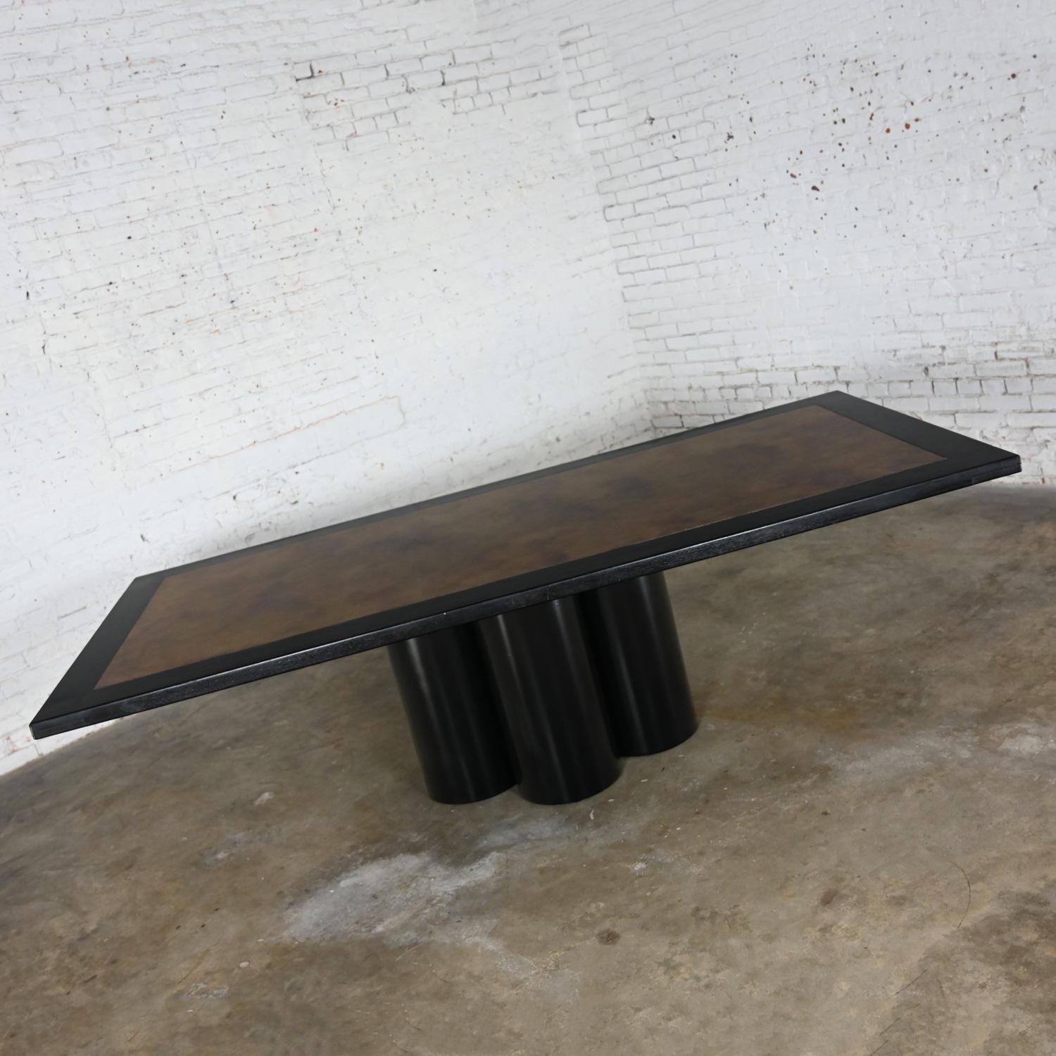 Modern Dining Table Black Painted Metal Cylinder Pedestal Base & Brass Top Inset For Sale 8