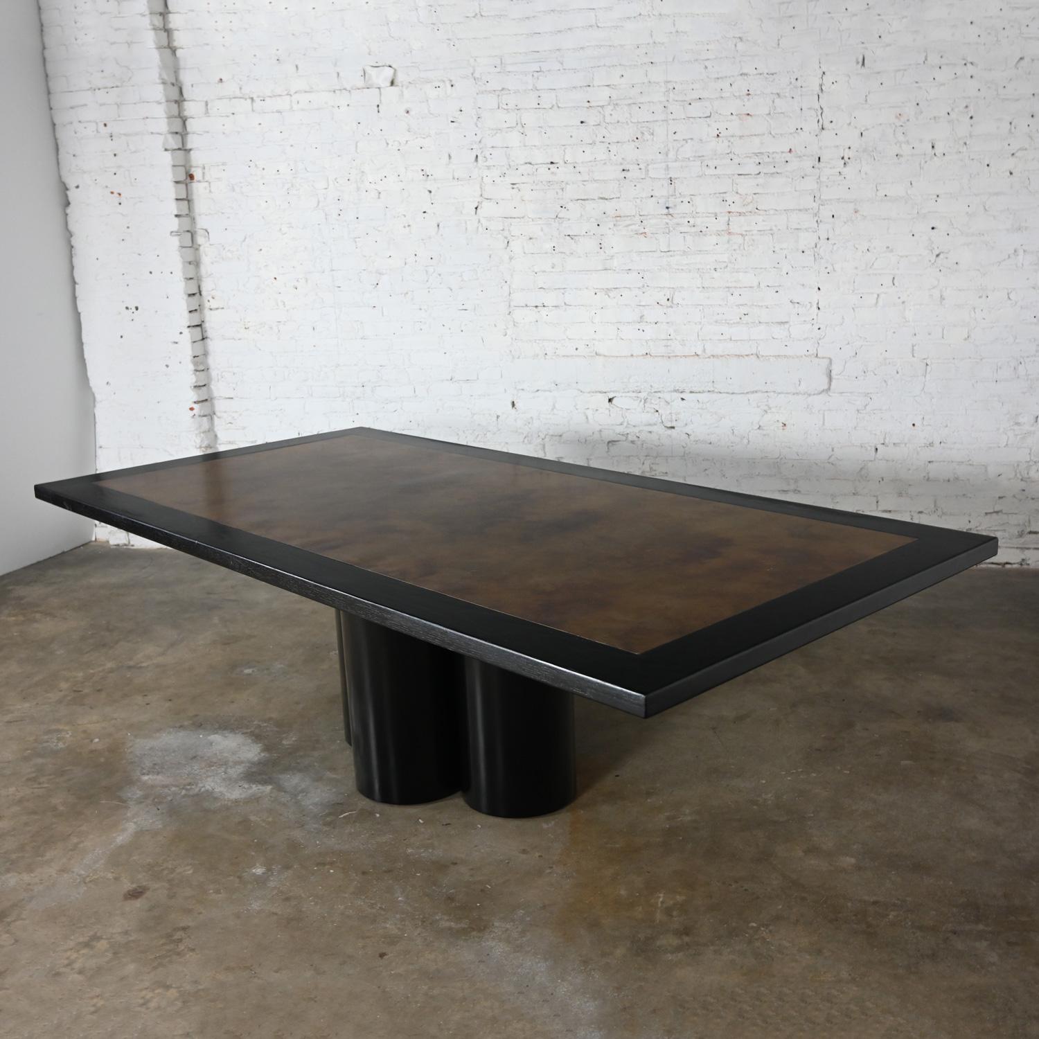 Modern Dining Table Black Painted Metal Cylinder Pedestal Base & Brass Top Inset For Sale 9