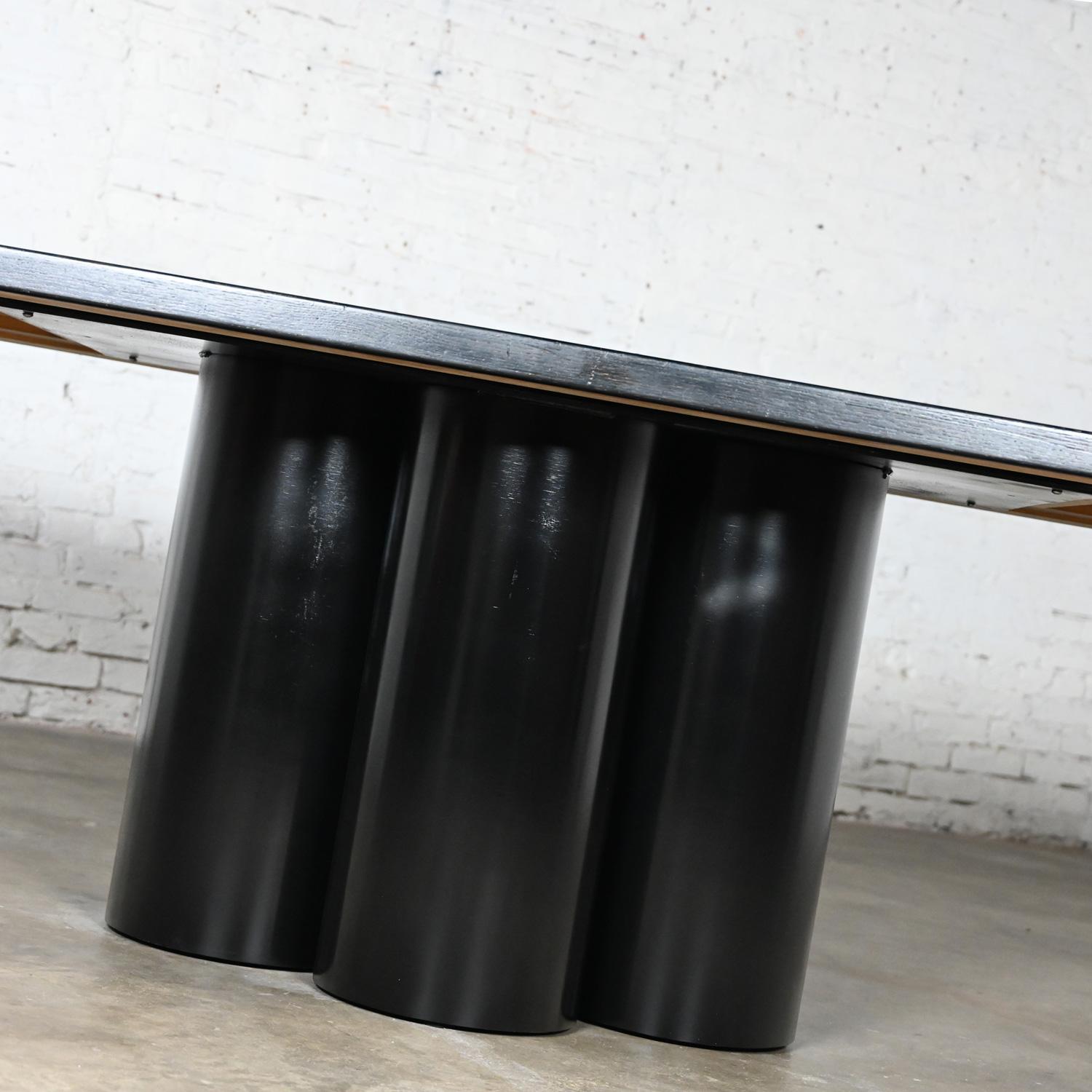 Modern Dining Table Black Painted Metal Cylinder Pedestal Base & Brass Top Inset For Sale 11