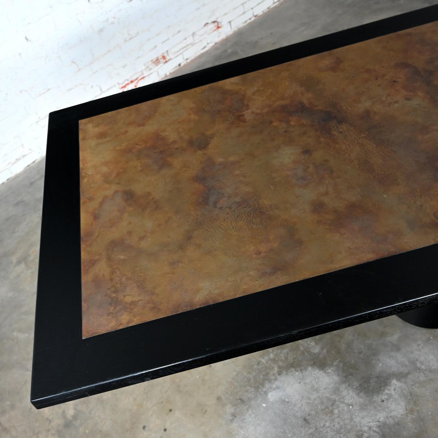 Modern Dining Table Black Painted Metal Cylinder Pedestal Base & Brass Top Inset For Sale 13