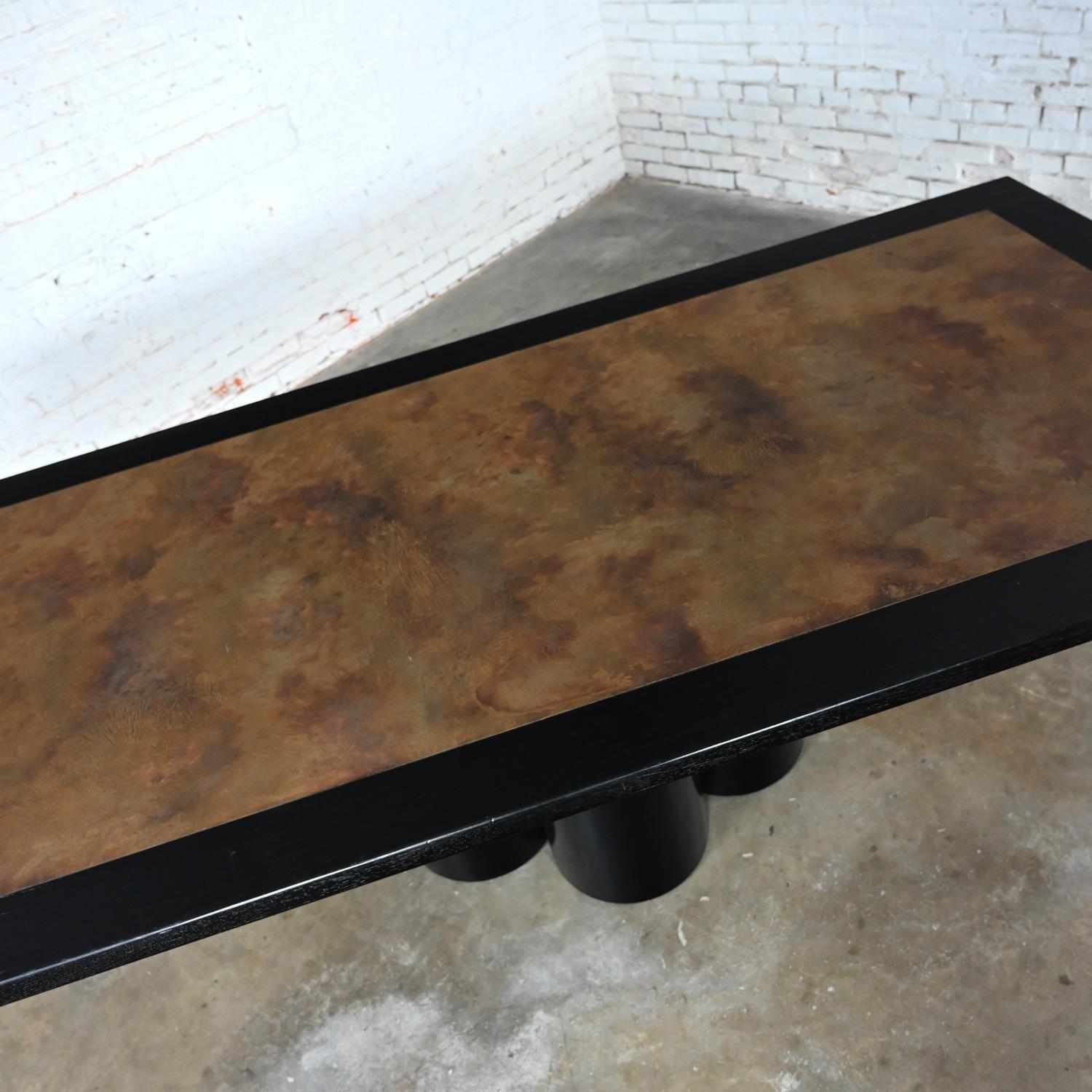 Modern Dining Table Black Painted Metal Cylinder Pedestal Base & Brass Top Inset For Sale 14