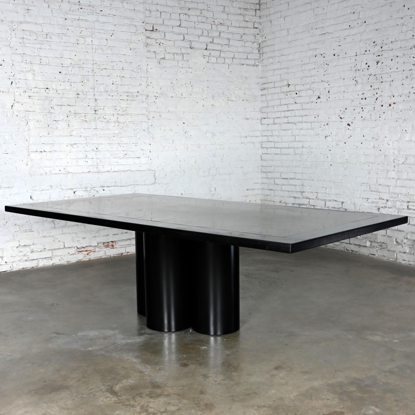 20th Century Modern Dining Table Black Painted Metal Cylinder Pedestal Base & Brass Top Inset For Sale