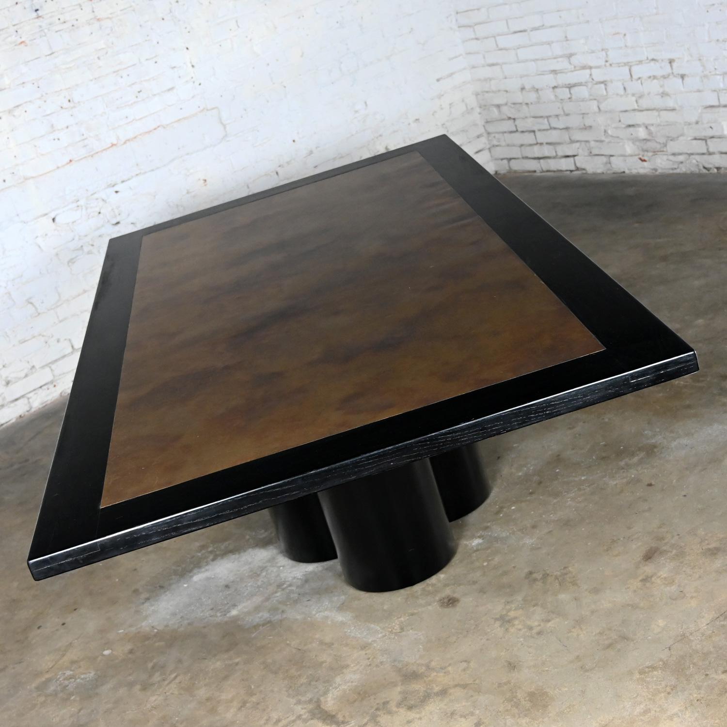 Modern Dining Table Black Painted Metal Cylinder Pedestal Base & Brass Top Inset For Sale 2