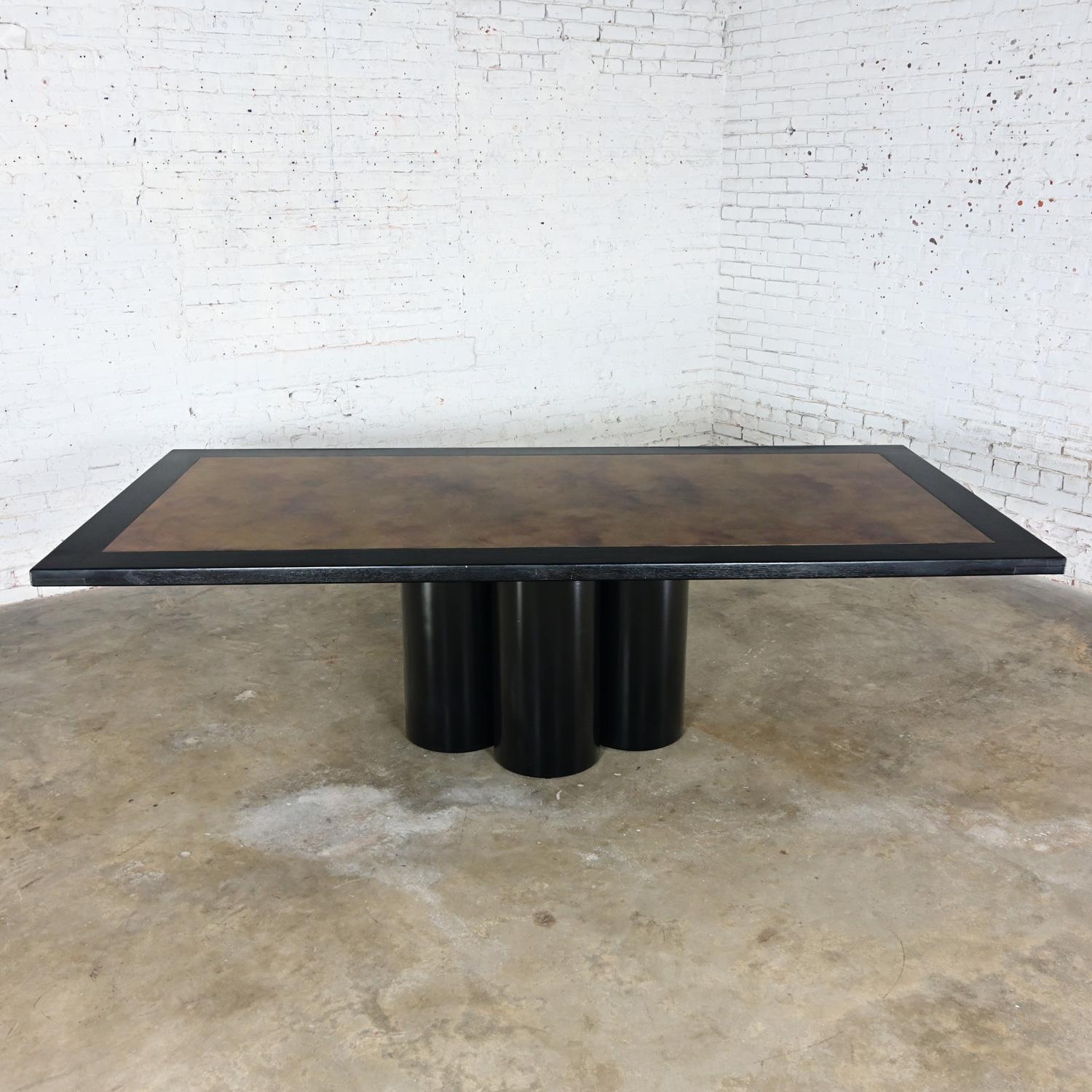 Modern Dining Table Black Painted Metal Cylinder Pedestal Base & Brass Top Inset For Sale 5