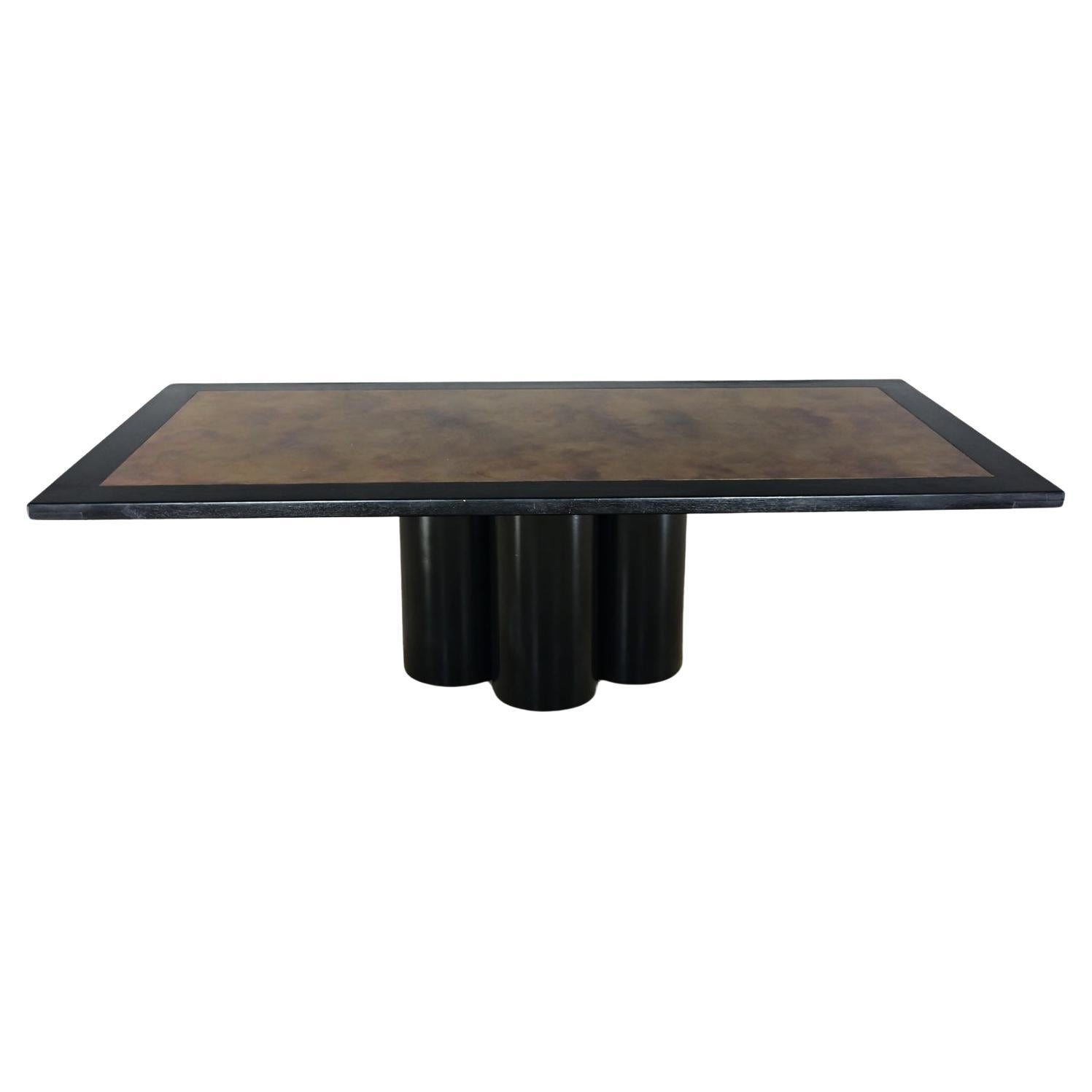 Modern Dining Table Black Painted Metal Cylinder Pedestal Base & Brass Top Inset