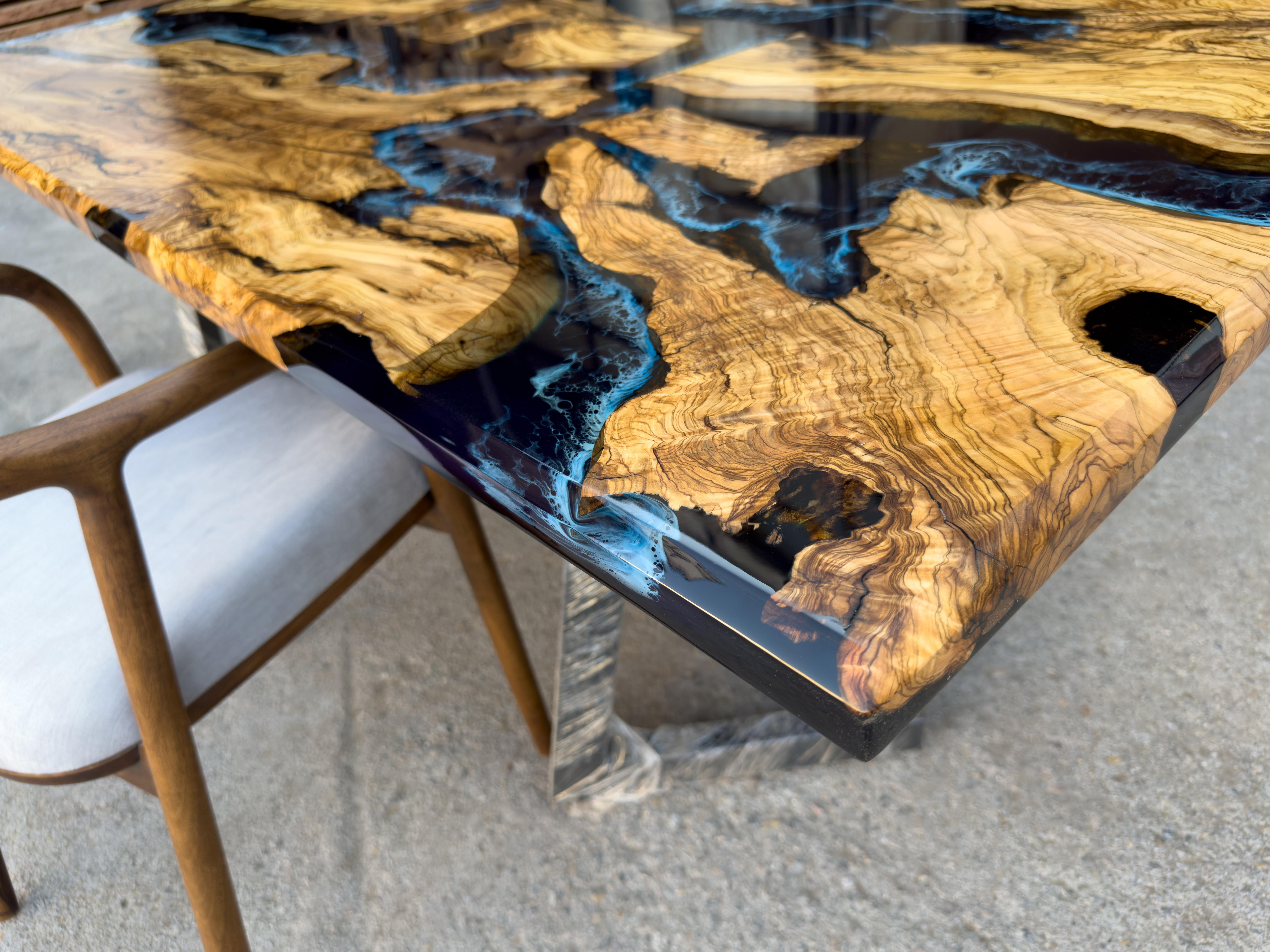 Brushed Olive Wood Resin River Dining Table For Sale