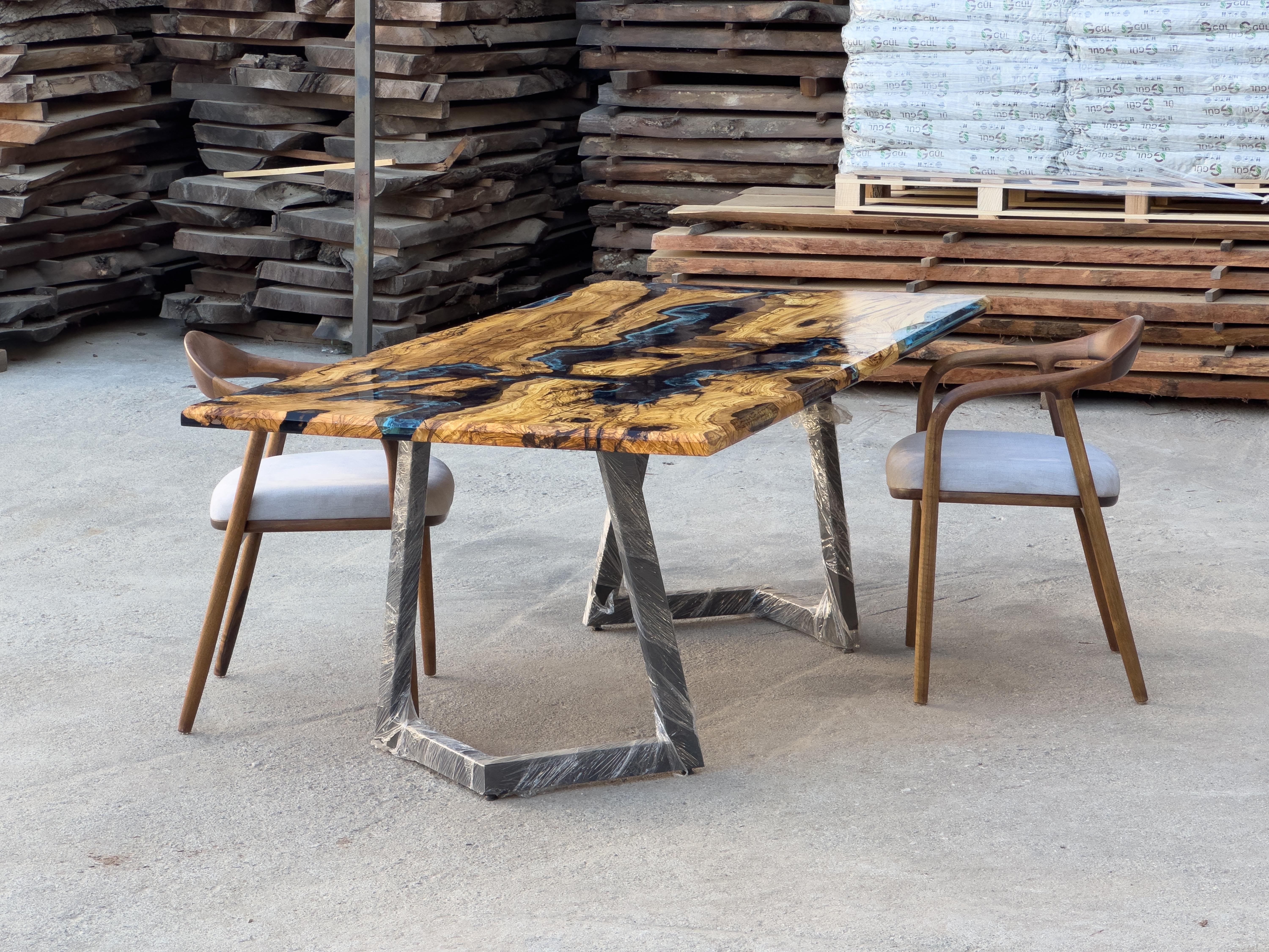 Contemporary Olive Wood Resin River Dining Table For Sale