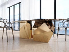 Modern Dining Table in Gold Finish & Curved Emperador Marble Table-Top