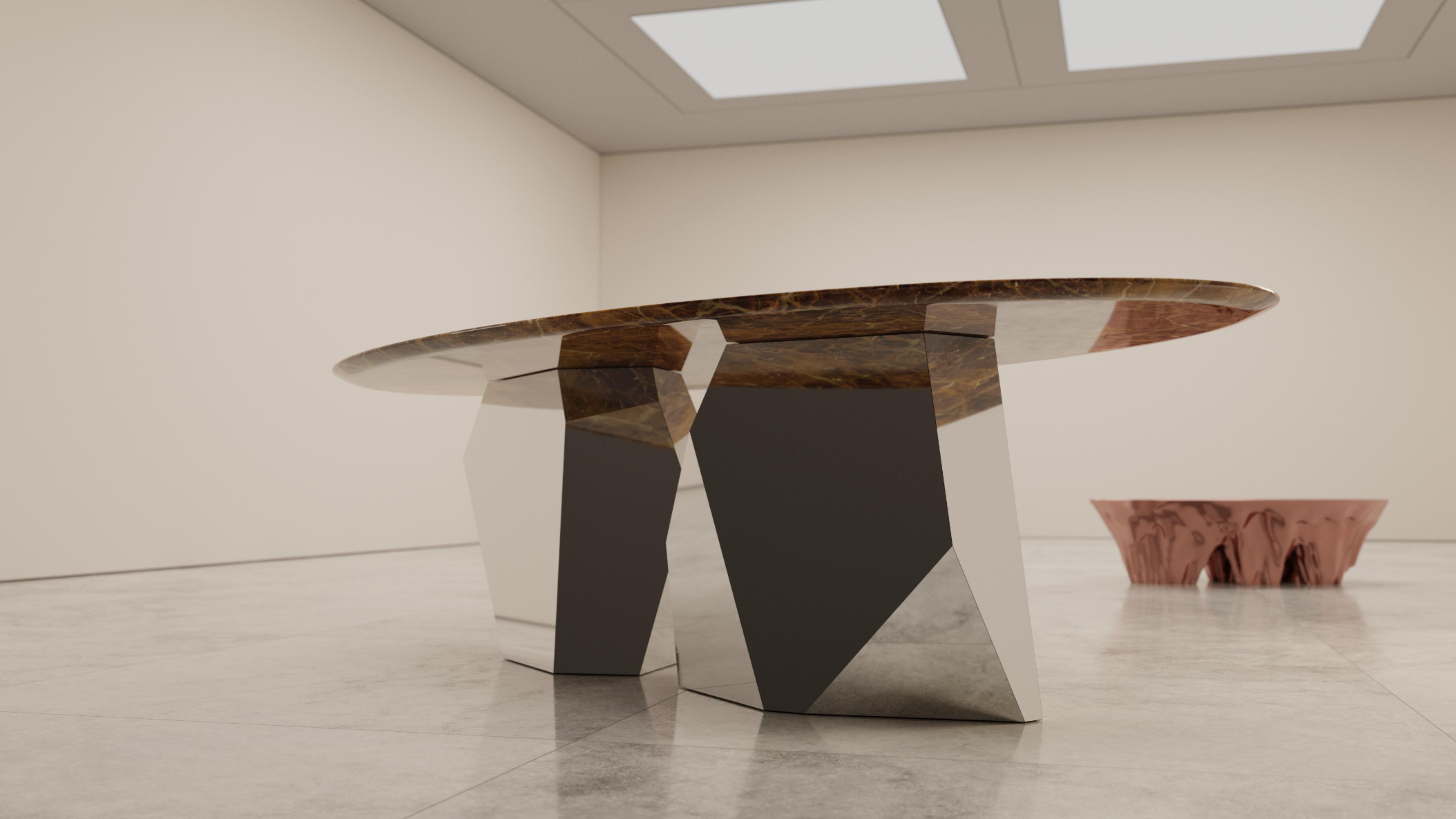 Modern Dining Table in Gold Finish & Curved Emperador Marble Table-Top In New Condition For Sale In London, GB