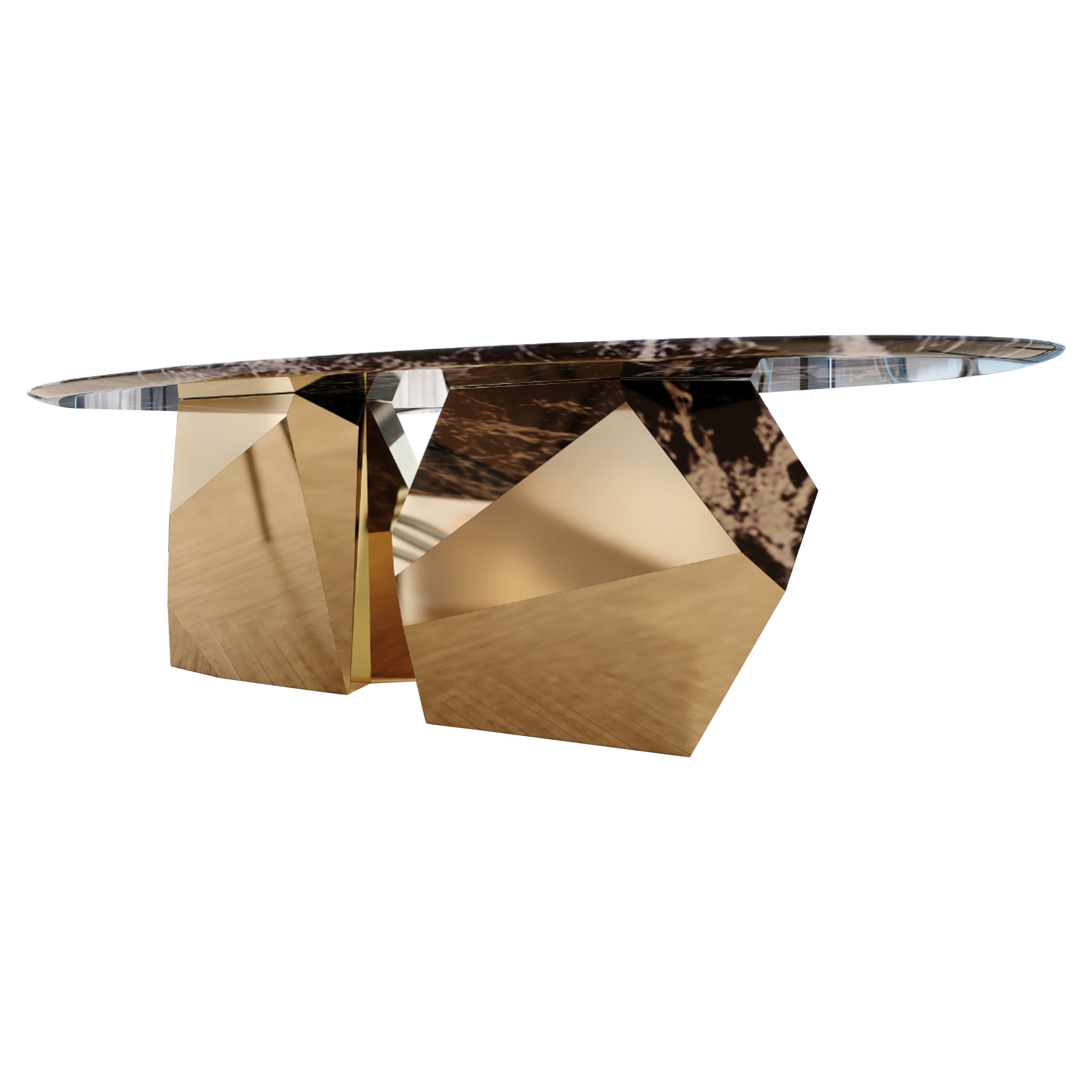 Modern Dining Table in Gold Finish & Curved Emperador Marble Table-Top For Sale