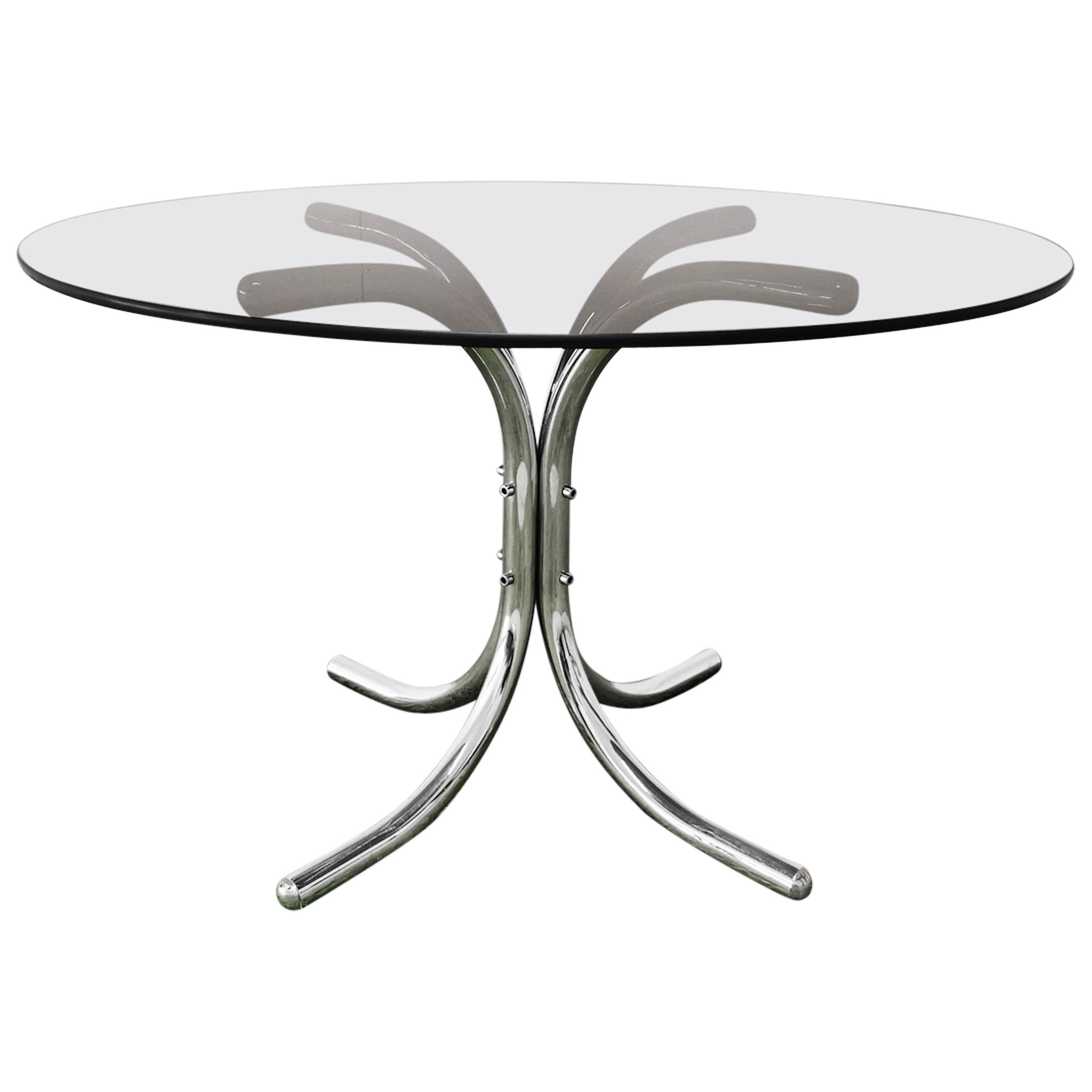 Mid Century Dining Table the Style of Giotto Stoppino Smoked Glass Chrome 1970s
