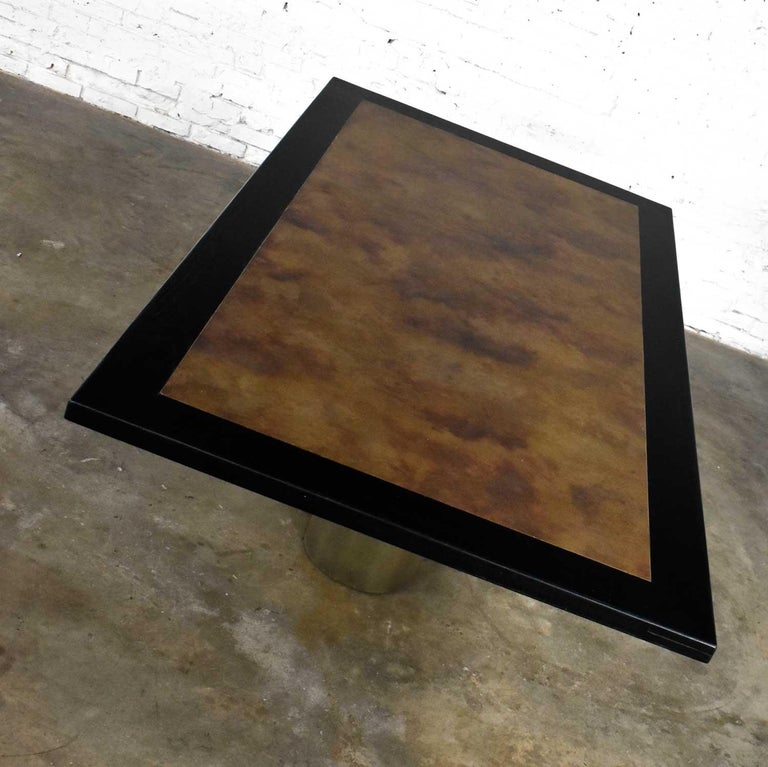 Modern Dining Table Metal Cylinder Pedestal Base & Black Oak Framed Brass Top For Sale 5