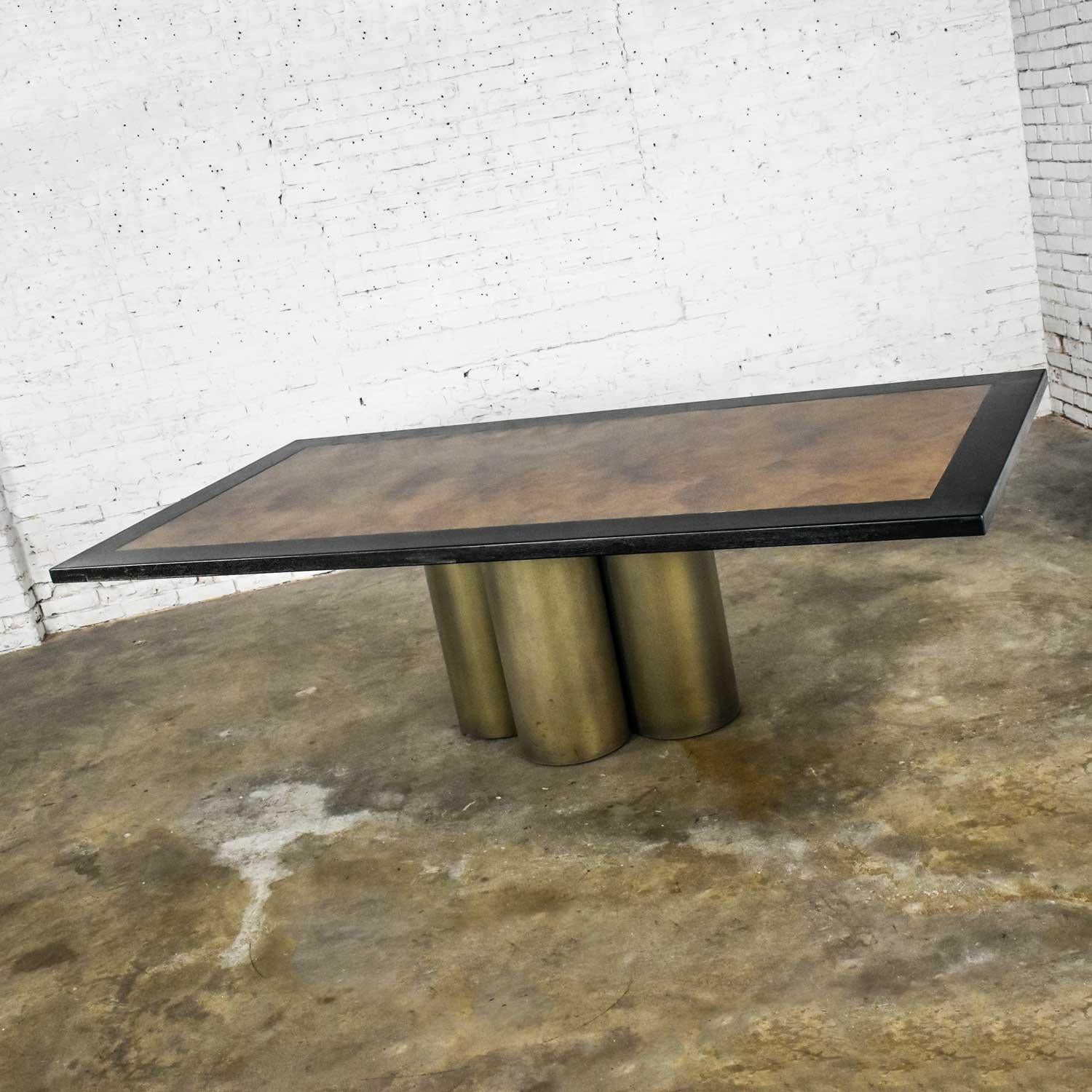 Modern Dining Table Metal Cylinder Pedestal Base & Black Oak Framed Brass Top 6