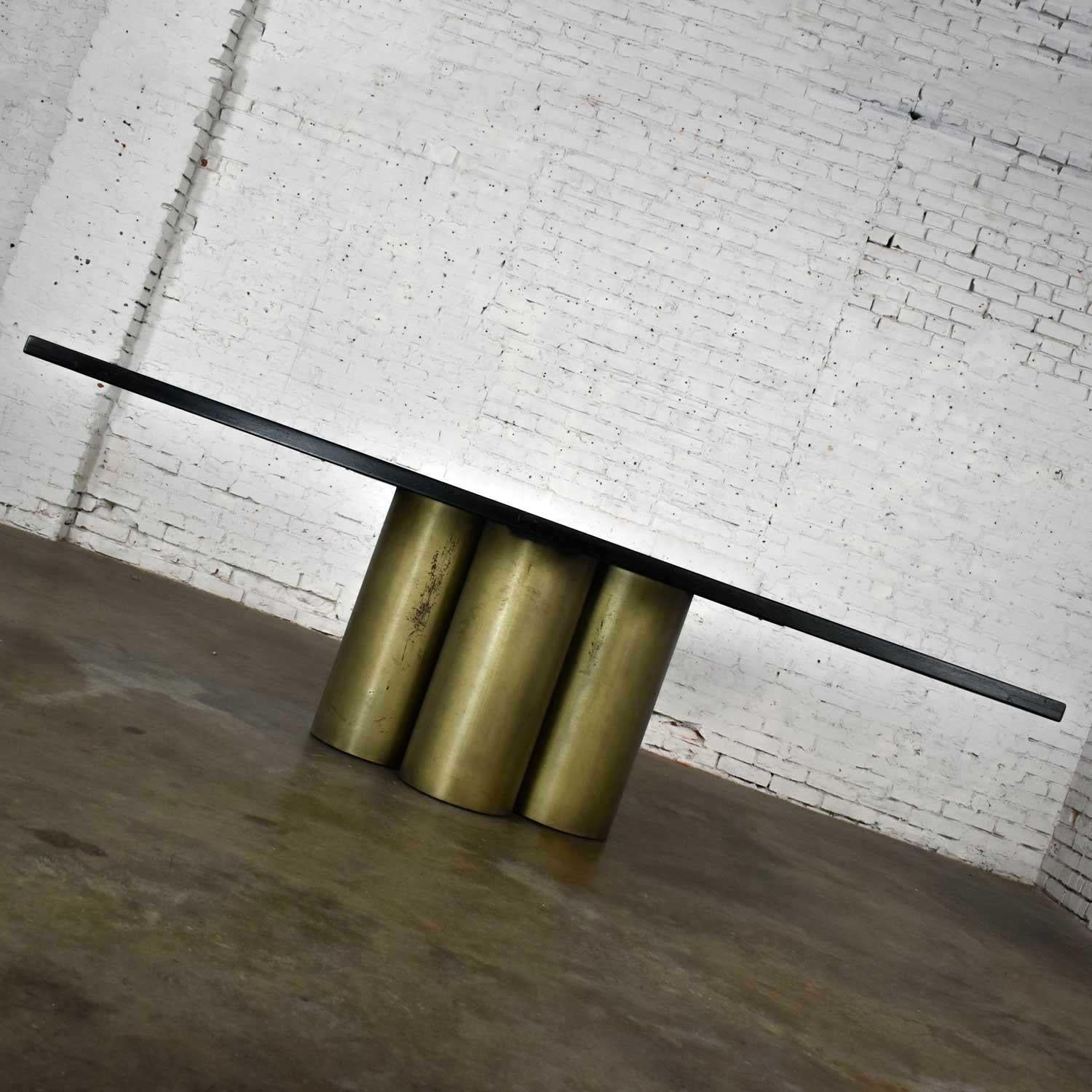 Modern Dining Table Metal Cylinder Pedestal Base & Black Oak Framed Brass Top 7