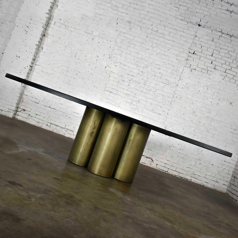 Modern Dining Table Metal Cylinder Pedestal Base & Black Oak Framed Brass Top For Sale 7