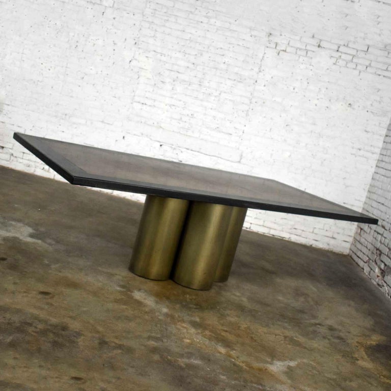 Modern Dining Table Metal Cylinder Pedestal Base & Black Oak Framed Brass Top For Sale 8