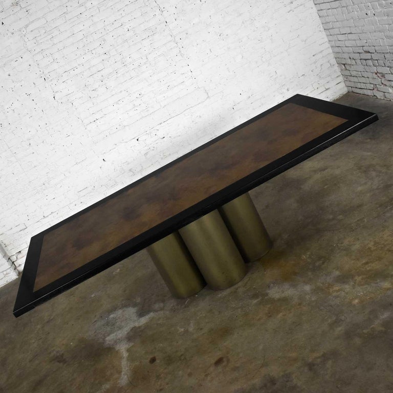 Modern Dining Table Metal Cylinder Pedestal Base & Black Oak Framed Brass Top For Sale 9