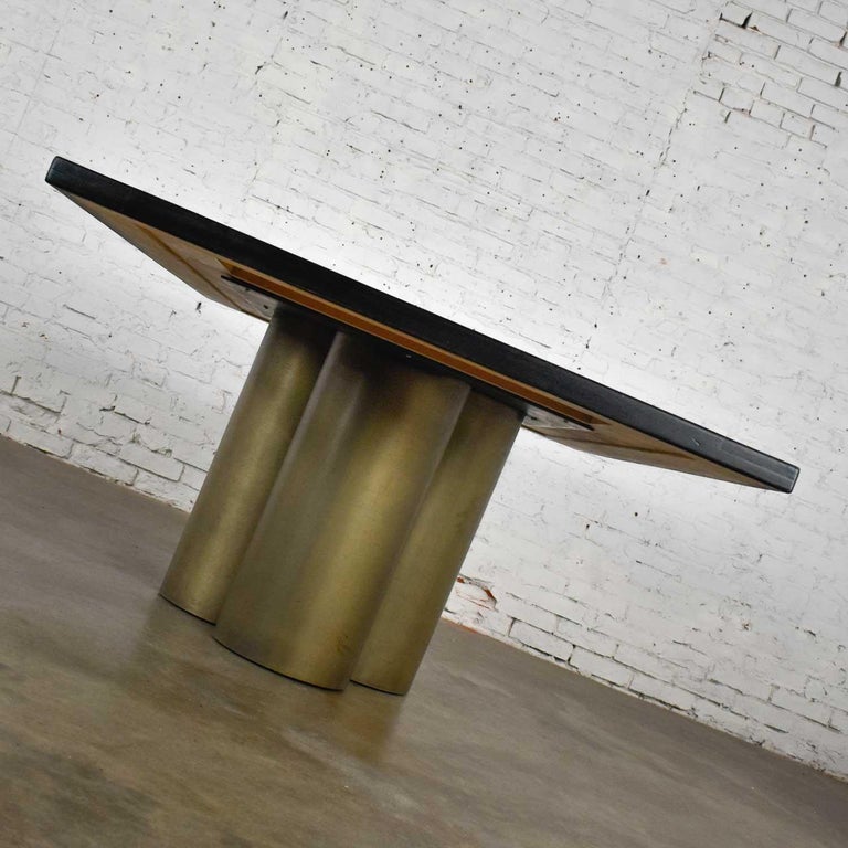Modern Dining Table Metal Cylinder Pedestal Base & Black Oak Framed Brass Top For Sale 10