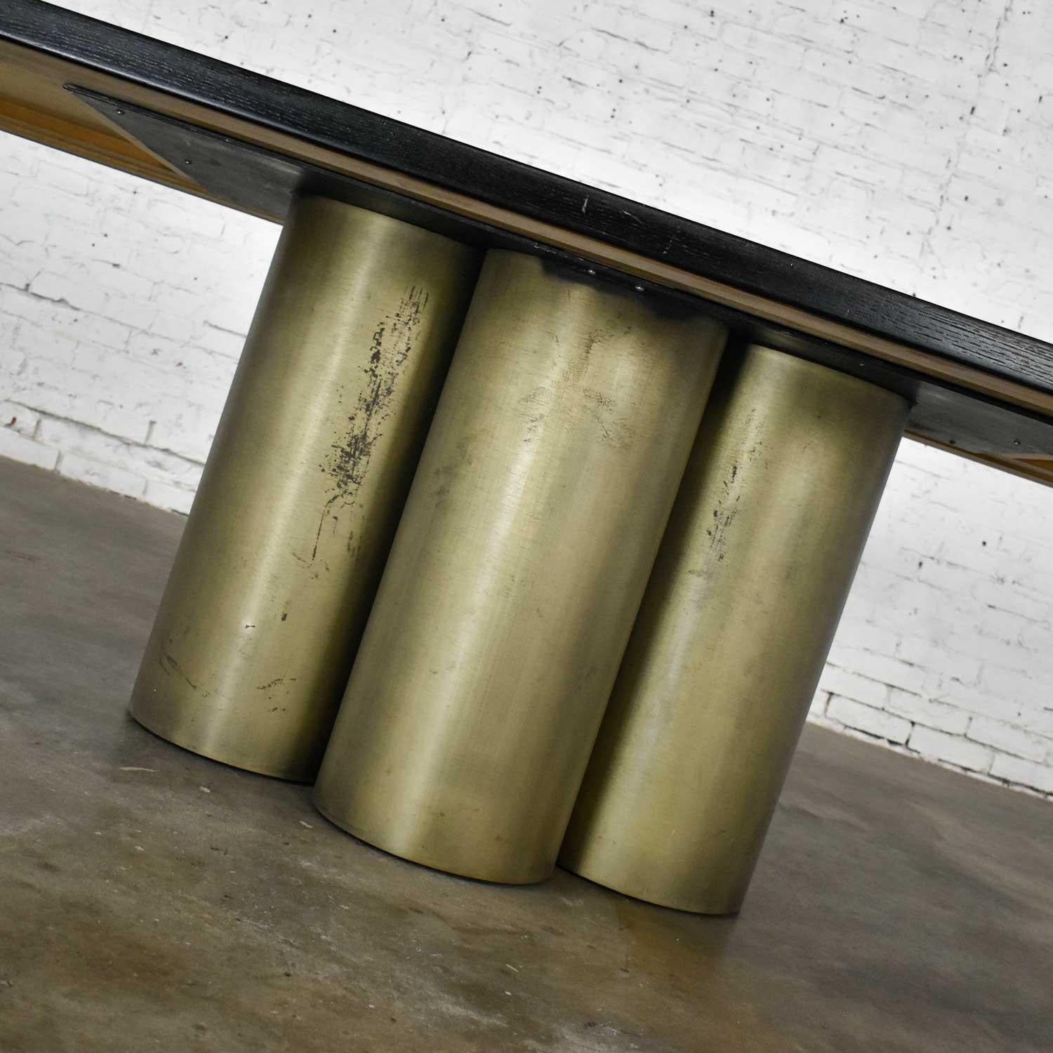 Modern Dining Table Metal Cylinder Pedestal Base & Black Oak Framed Brass Top 11