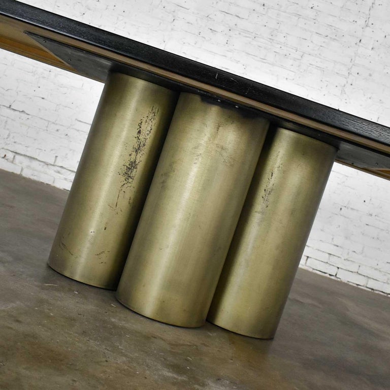 Modern Dining Table Metal Cylinder Pedestal Base & Black Oak Framed Brass Top For Sale 11