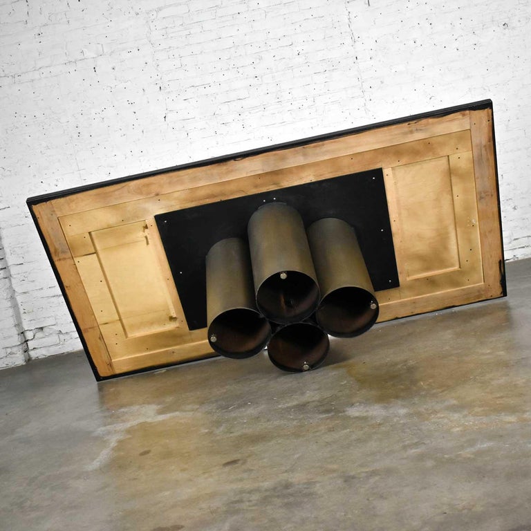 Modern Dining Table Metal Cylinder Pedestal Base & Black Oak Framed Brass Top For Sale 12