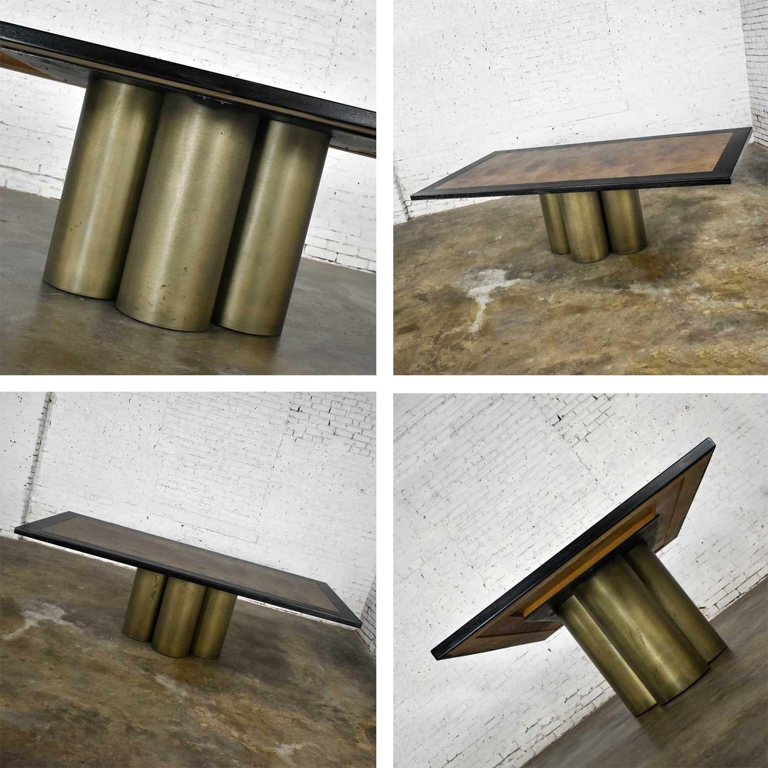 Modern Dining Table Metal Cylinder Pedestal Base & Black Oak Framed Brass Top 13