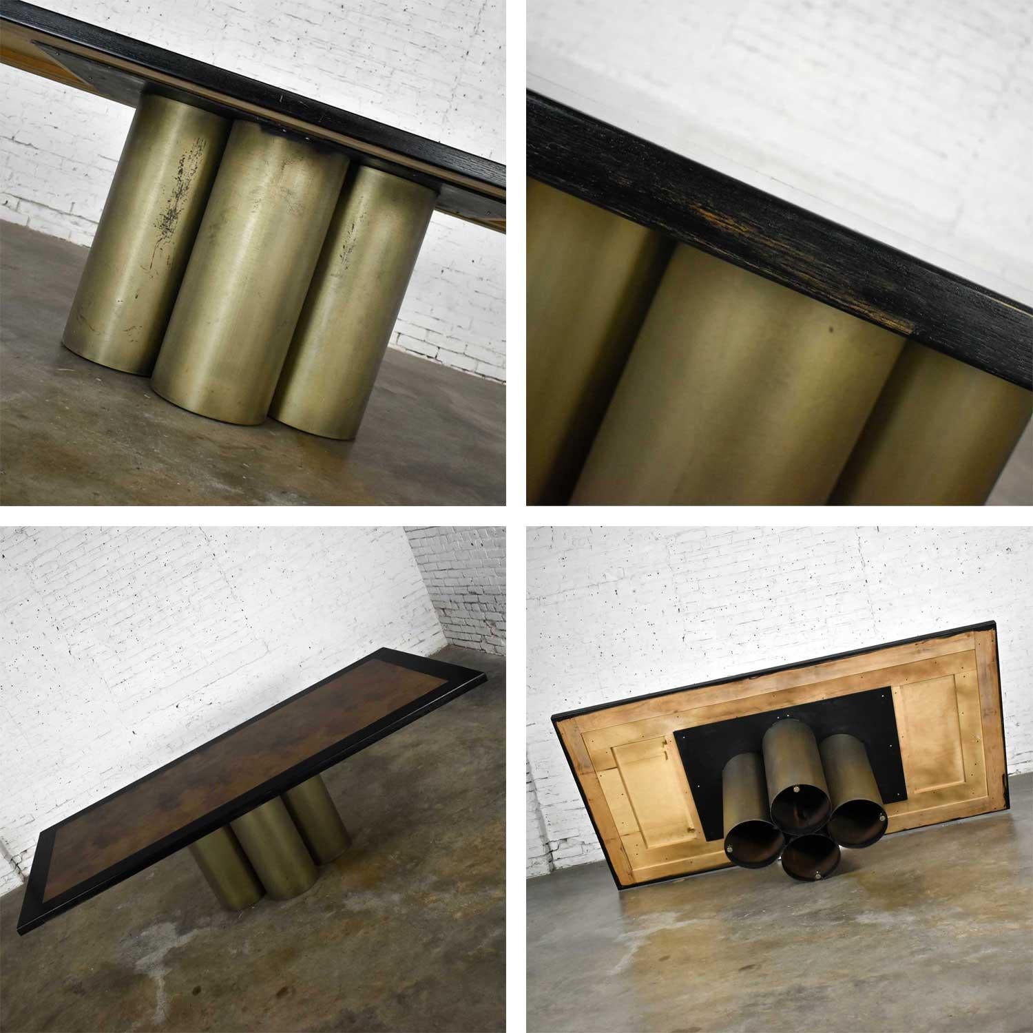 Modern Dining Table Metal Cylinder Pedestal Base & Black Oak Framed Brass Top 14