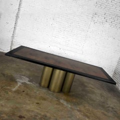 Modern Dining Table Metal Cylinder Pedestal Base & Black Oak Framed Brass Top
