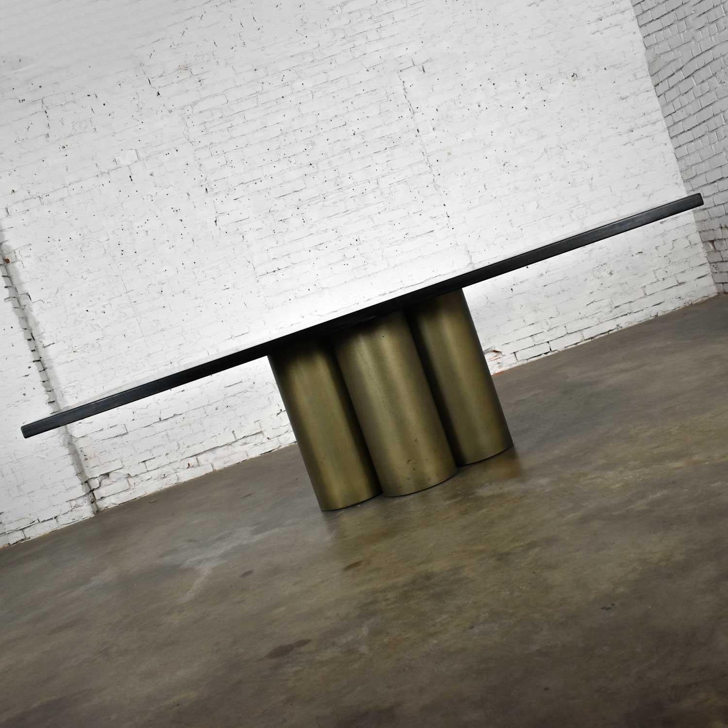 Dyed Modern Dining Table Metal Cylinder Pedestal Base & Black Oak Framed Brass Top