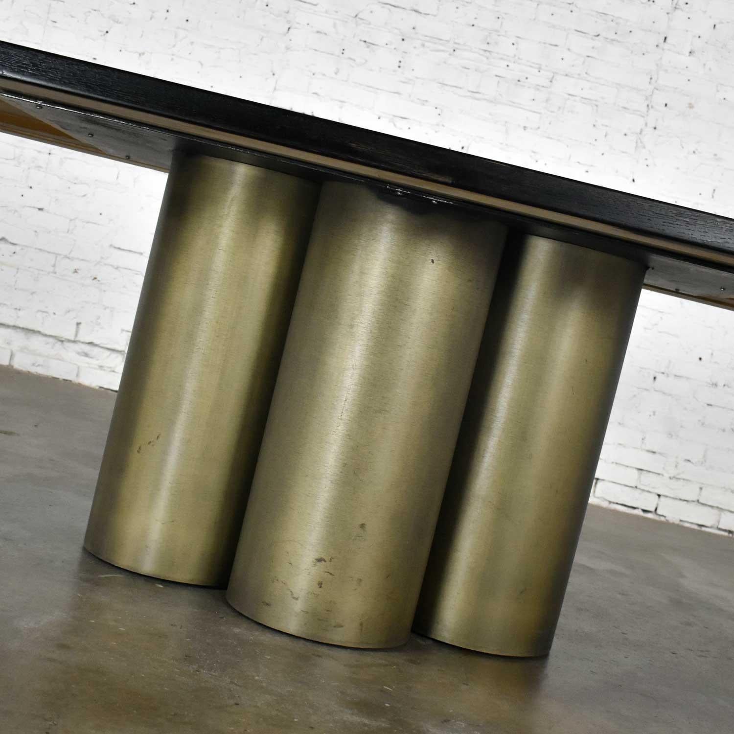 Modern Dining Table Metal Cylinder Pedestal Base & Black Oak Framed Brass Top In Good Condition In Topeka, KS