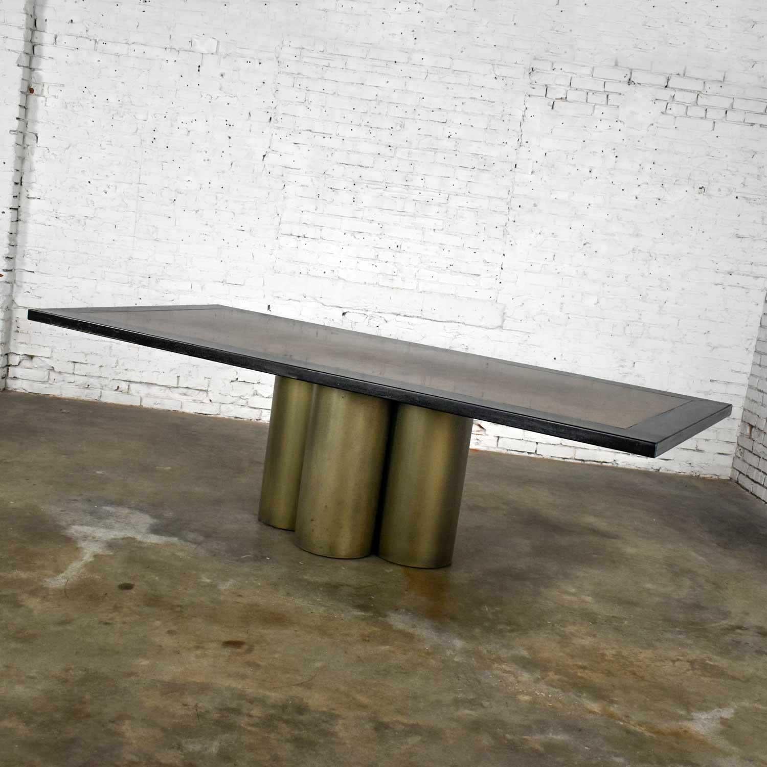 20th Century Modern Dining Table Metal Cylinder Pedestal Base & Black Oak Framed Brass Top