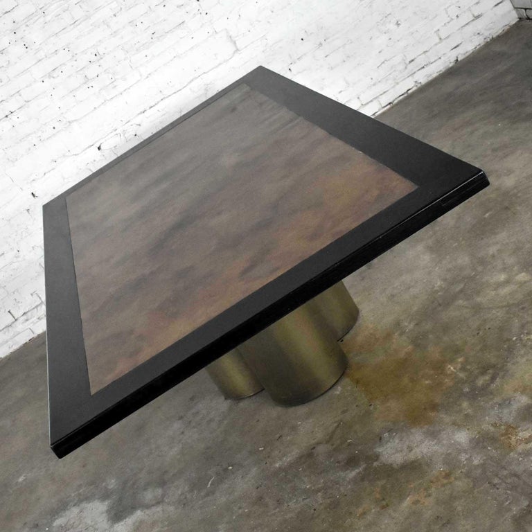Modern Dining Table Metal Cylinder Pedestal Base & Black Oak Framed Brass Top For Sale 1