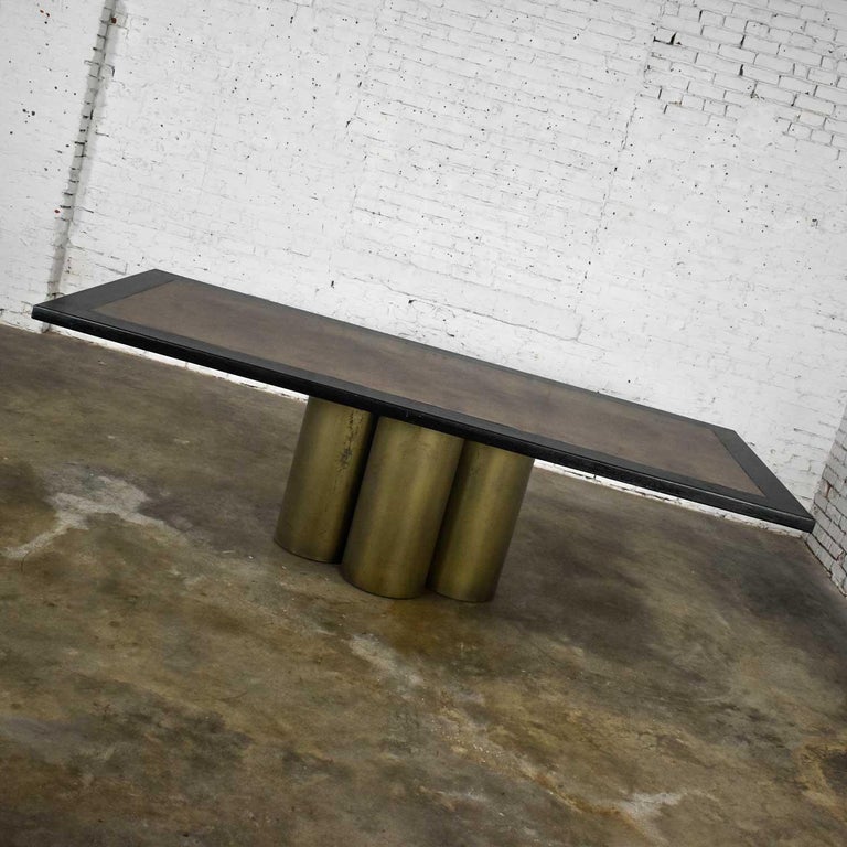 Modern Dining Table Metal Cylinder Pedestal Base & Black Oak Framed Brass Top For Sale 2
