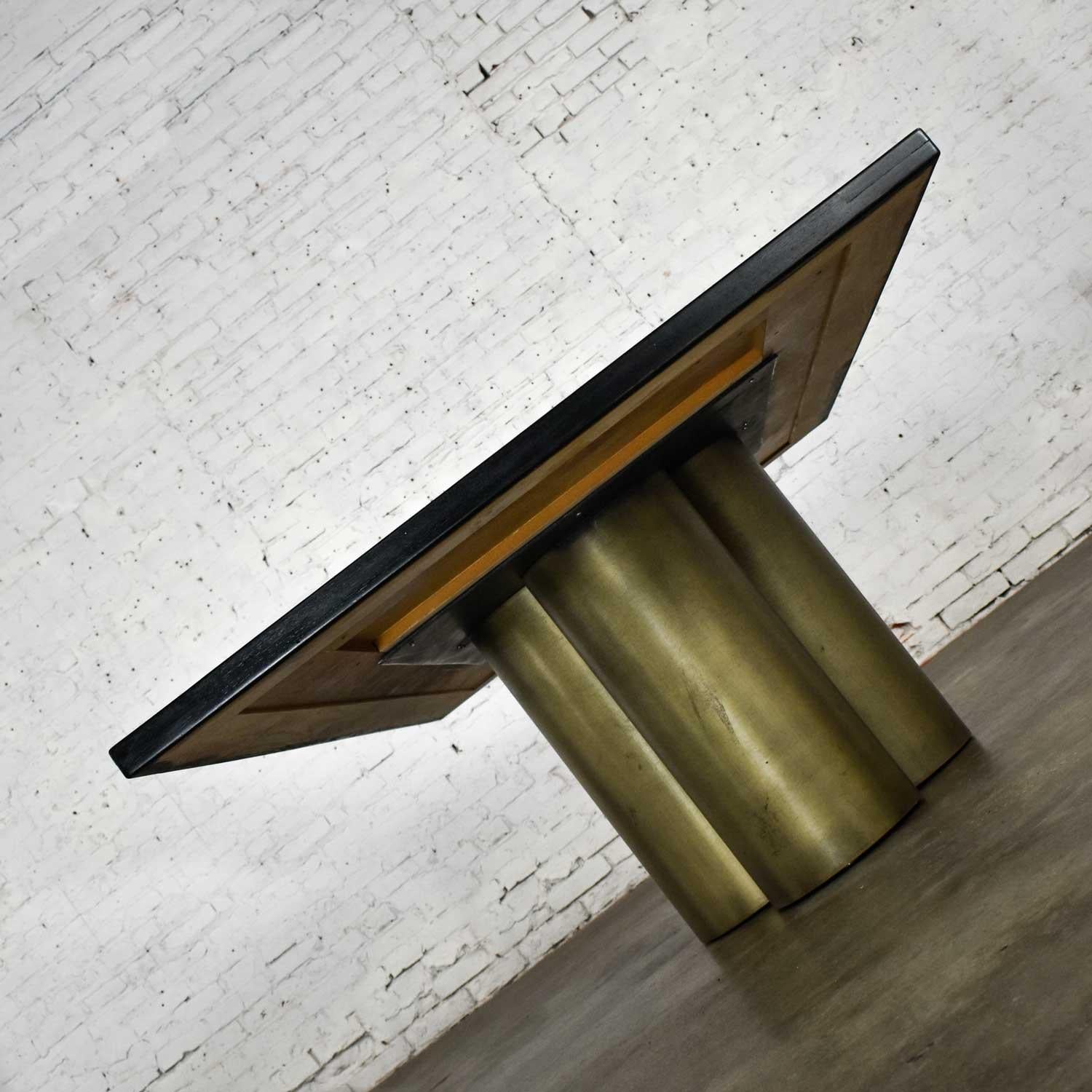 Modern Dining Table Metal Cylinder Pedestal Base & Black Oak Framed Brass Top 3