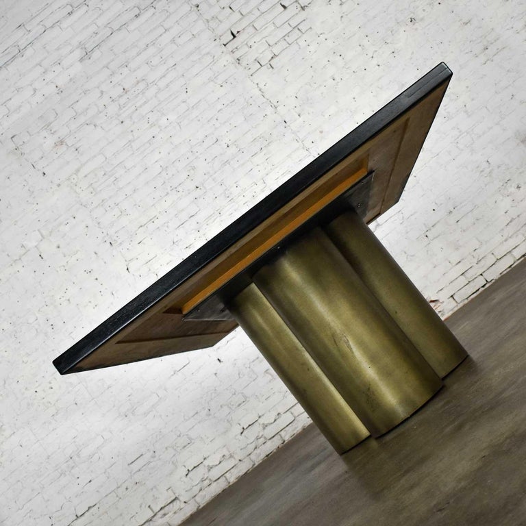 Modern Dining Table Metal Cylinder Pedestal Base & Black Oak Framed Brass Top For Sale 3