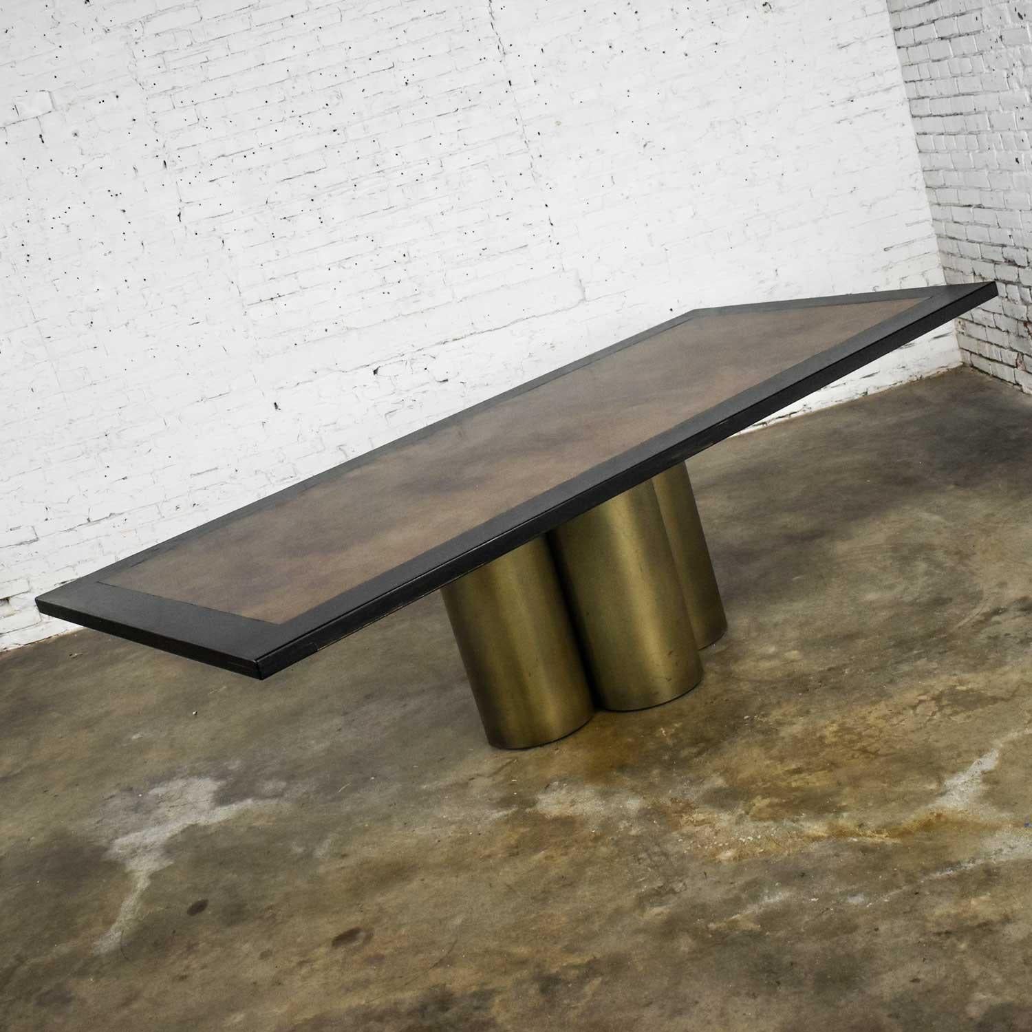 Modern Dining Table Metal Cylinder Pedestal Base & Black Oak Framed Brass Top 4