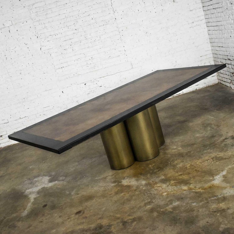Modern Dining Table Metal Cylinder Pedestal Base & Black Oak Framed Brass Top For Sale 4