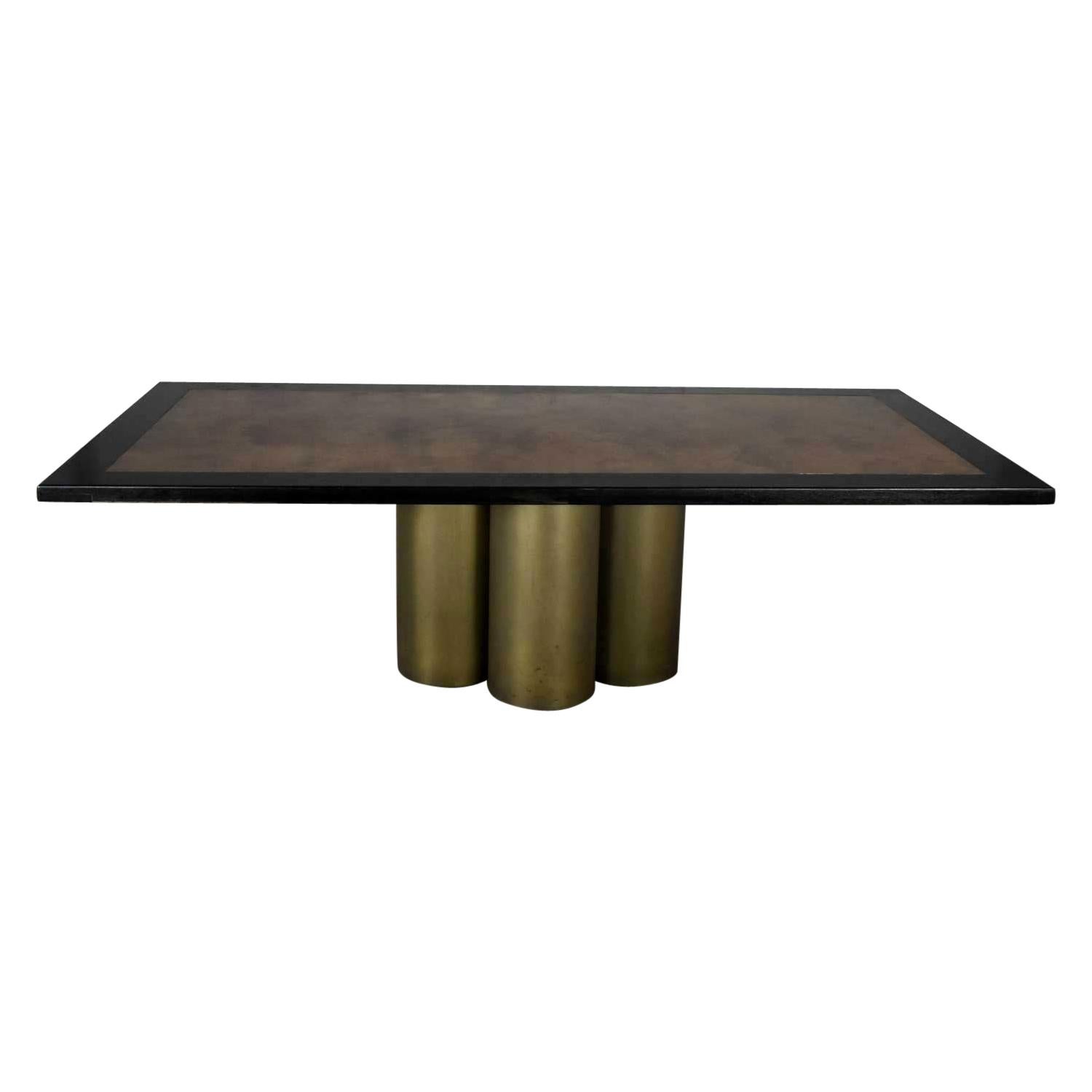 Modern Dining Table Metal Cylinder Pedestal Base & Black Oak Framed Brass Top