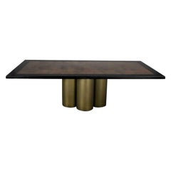 Vintage Modern Dining Table Metal Cylinder Pedestal Base & Black Oak Framed Brass Top