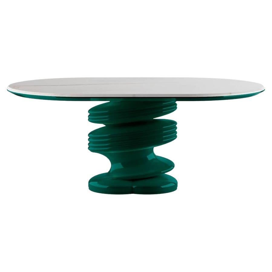 Table de salle à manger moderne, plateau en marbre blanc et base verte sculpturale torsadée 